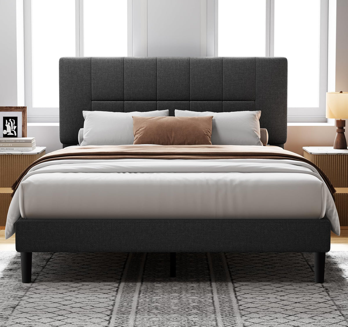 Pipishell Queen Bed Frame with 2 Storage Drawers, 12 Sturdy Legs, Solid Wooden Bed Base with Upholstered Headboard for 6″ to 12″ Mattresses, 1300 lbs High Weight Capacity, Easy Assembly, Dark Gray