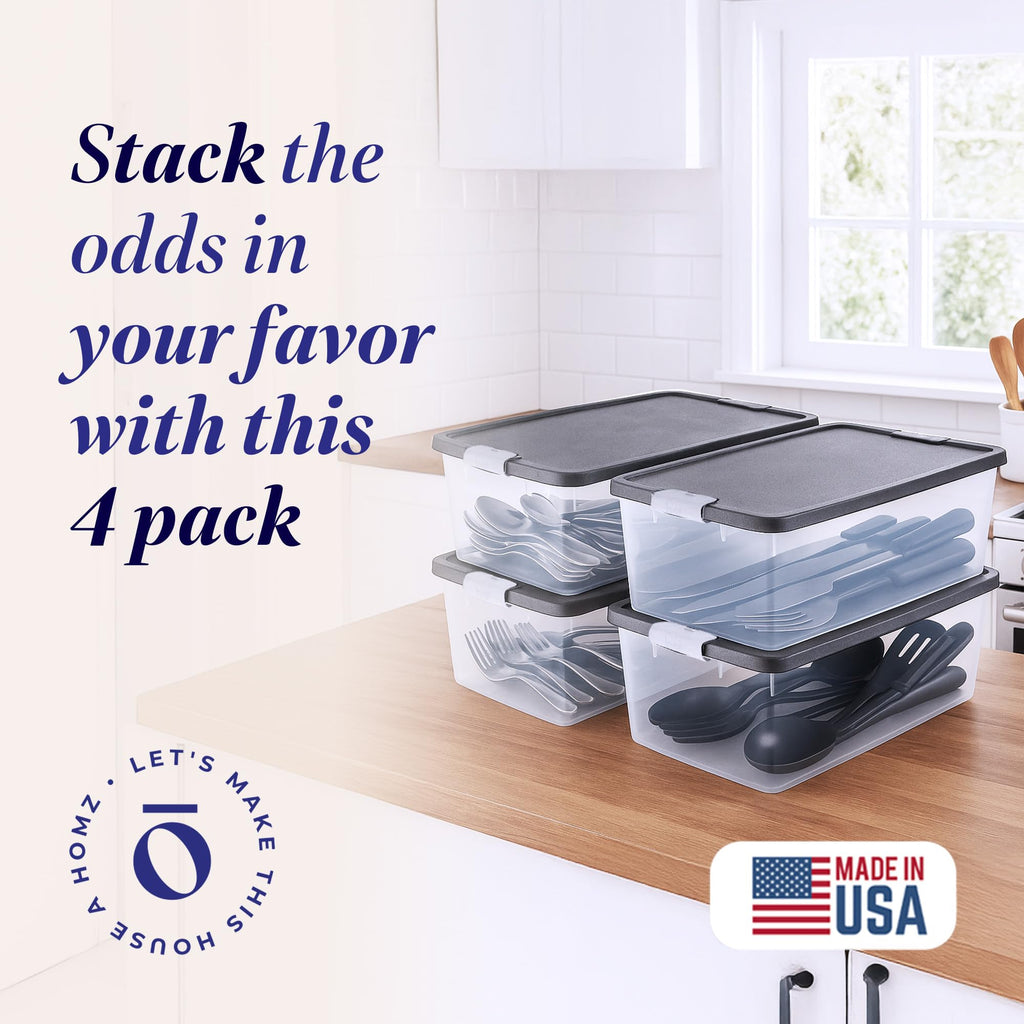 HOMZ 4-Pack Secure Latch, Clear Plastic Storage Organizer Bins, 15 Quart, Gray Lid - Stackable Container Boxes for Bedroom, Bathroom, Garage, and Office Organization