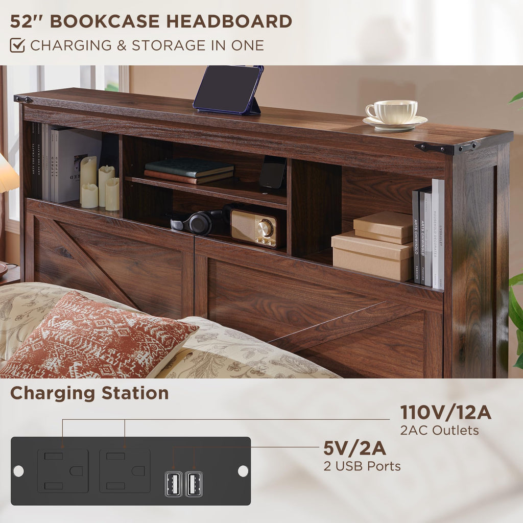 ACCOHOHO Queen Size Wood Bed Frame Farmhouse with 52" Tall Storage Bookcase Headboard, LED Light,Charging Station,4 Drawers and Solid Wood Slats Support,Noiseless,No Box Spring Needed - Black
