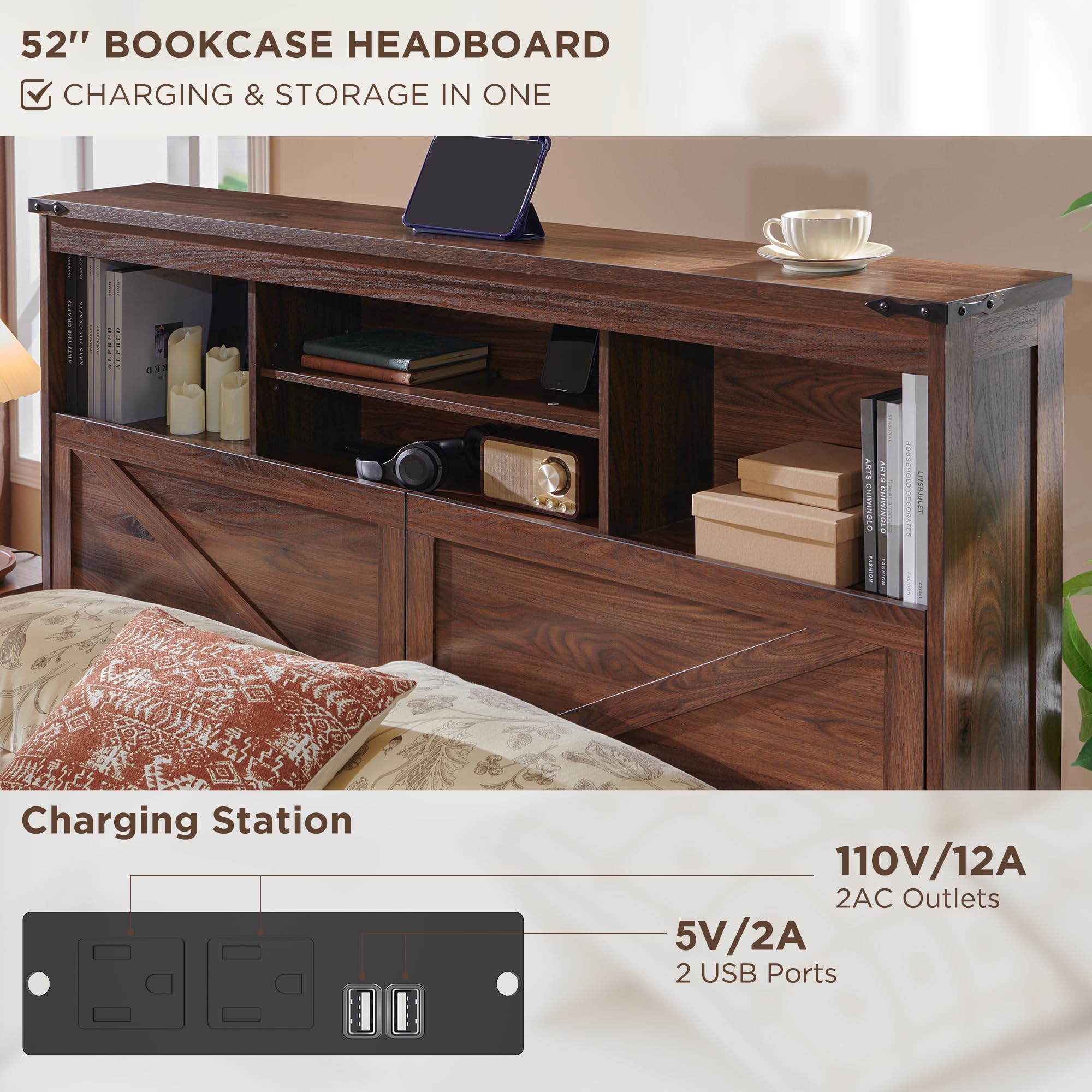 ACCOHOHO Queen Size Wood Bed Frame Farmhouse with 52" Tall Storage Bookcase Headboard, LED Light,Charging Station,4 Drawers and Solid Wood Slats Support,Noiseless,No Box Spring Needed - Black