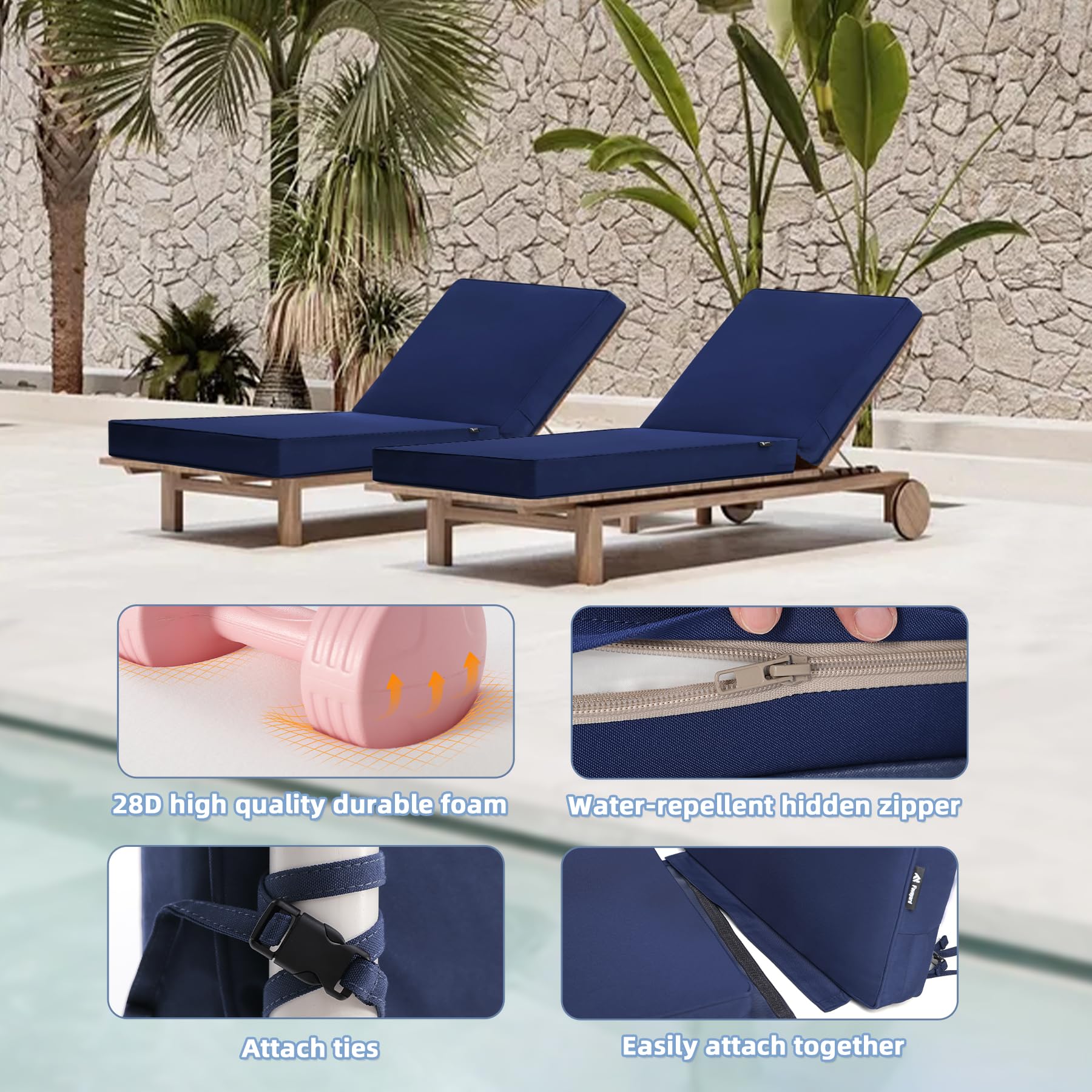 Favoyard Chaise Lounge Cushions Outdoor 72 x 21 x3 Inch Waterproof & 3-Year Fade Resistant Outdoor Lounge Chair Cushions with Removable Cover, Ties and Hidden Zipper for Patio Pool Lounge Chairs