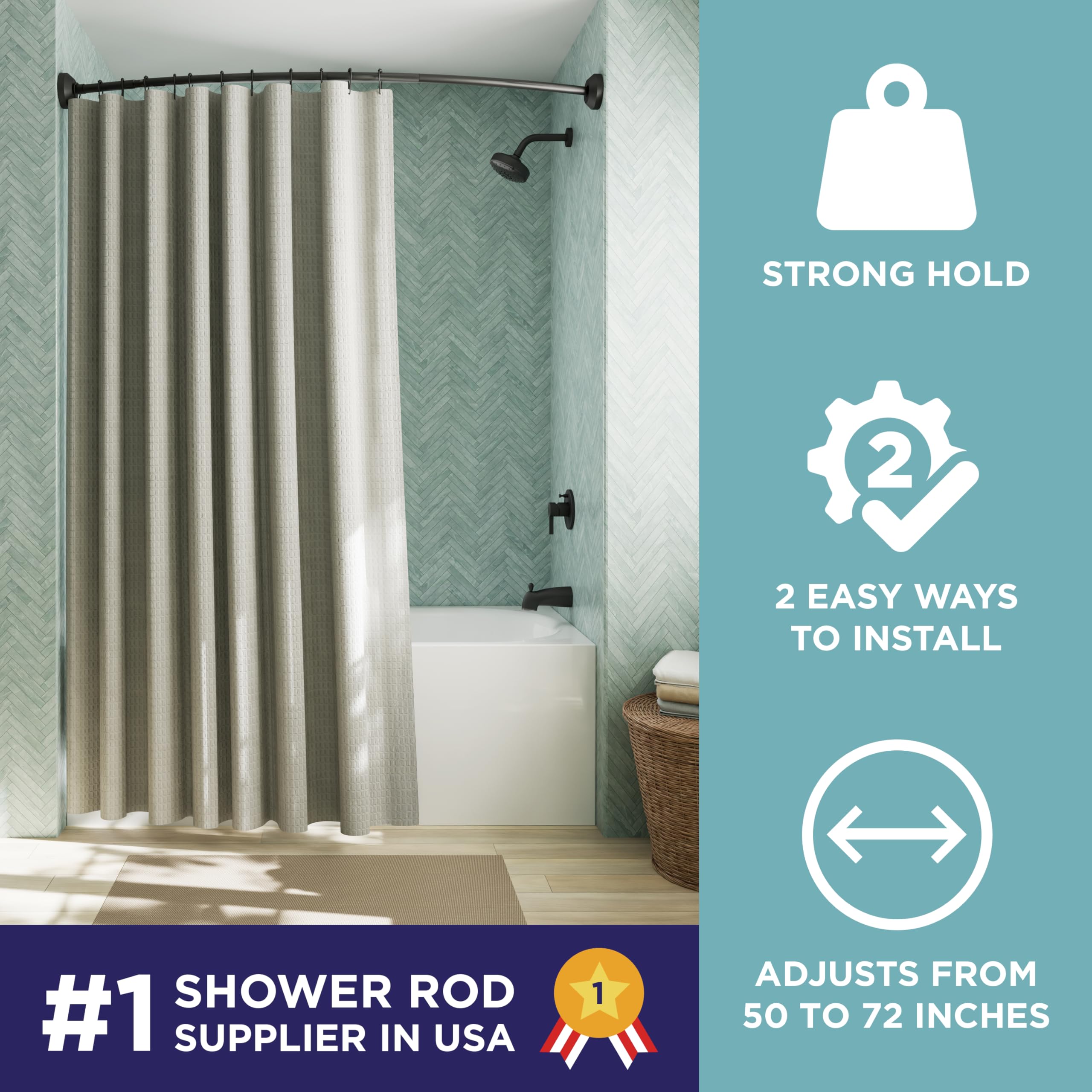 Zenna Home Matte Black, Curved Shower Curtain Rod, Tension or Permanent Mount, Easy Install, Rounded for Extra Room, 50 to 72 Inches