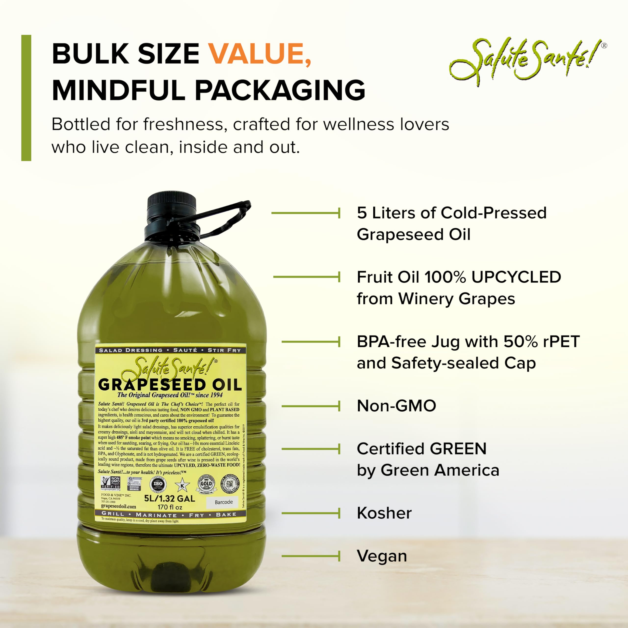 Salute Santé! Cold Pressed Grapeseed Oil – 500 ml 1-Pack — cooking oil, grapeseed oil — High Smoke Point, Neutral Flavor, Ideal for Frying, Baking & Salad Dressings Gourmet kitchen essential