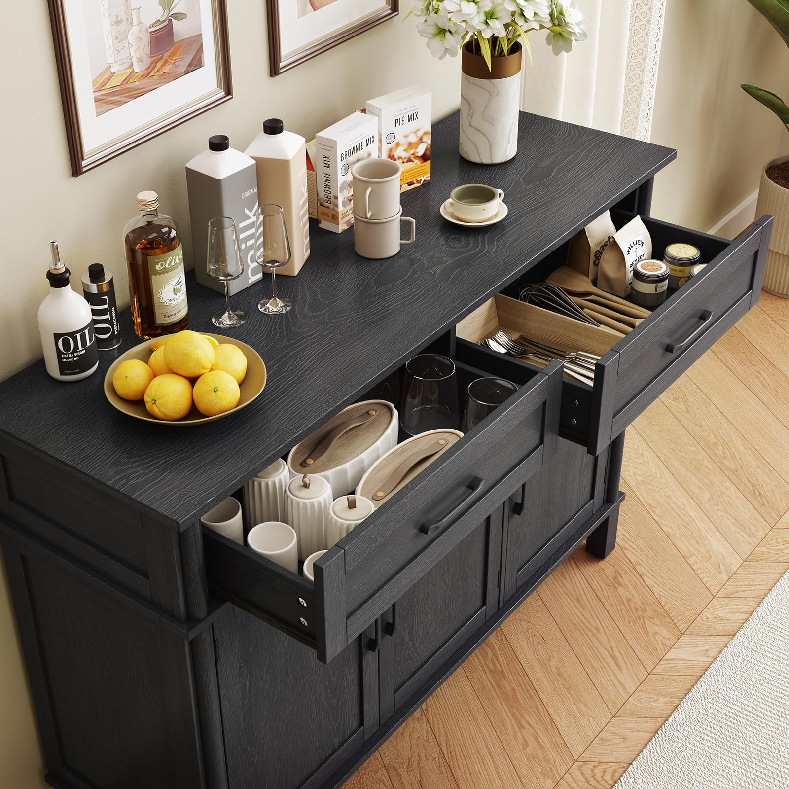 ONBRILL 48 Inches Buffet Cabinet with Storage, Farmhouse Sideboard Buffet w/2 Drawers and 3 Doors, Wood Coffee Bar Cabinet with Adjustable Shelves, Sideboard Storage for Kitchen, Living Room, Black