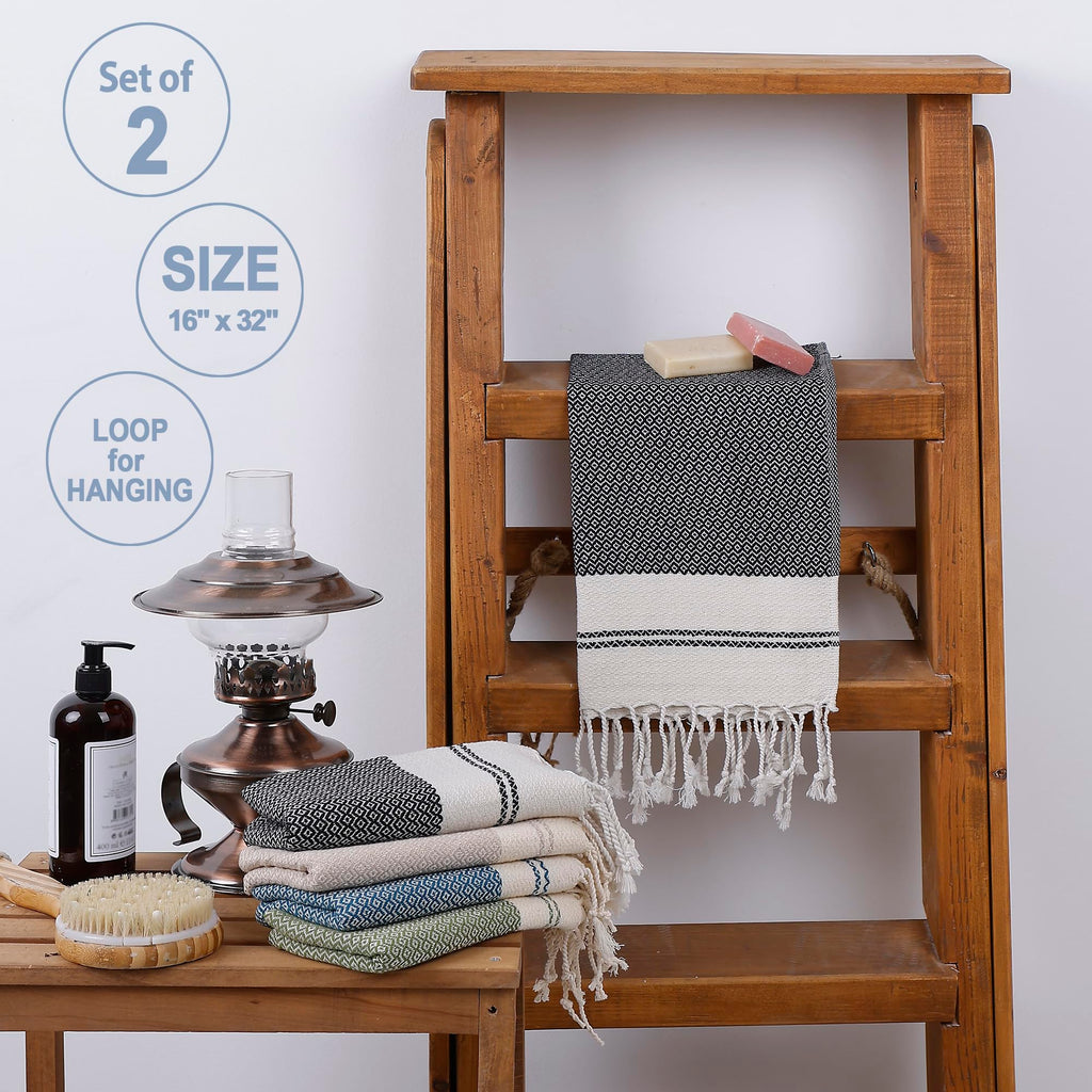 Evelynen Turkish Hand Towels for Bathroom & Kitchen Towels Decorative Set of 2 | Boho Farmhouse Hand Towels with Hanging Loops for Face, Tea, Dish, Kitchen & Bath | %100 Cotton (16" x 32" - Beige)