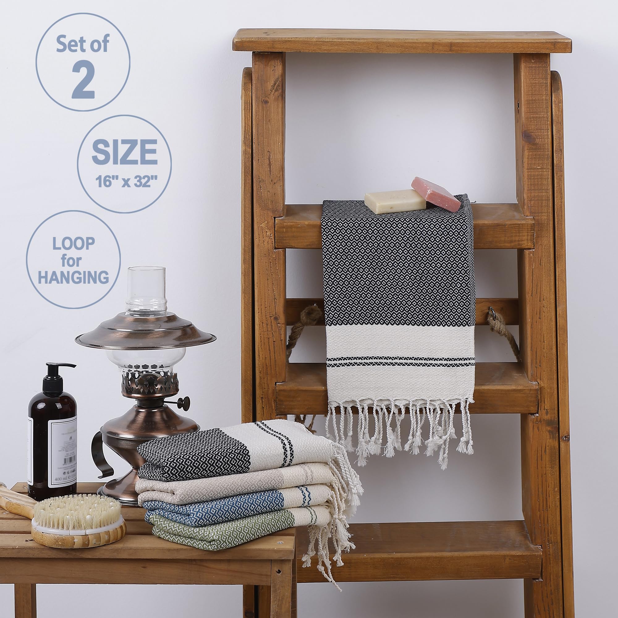 Evelynen Turkish Hand Towels for Bathroom & Kitchen Towels Decorative Set of 2 | Boho Farmhouse Hand Towels with Hanging Loops for Face, Tea, Dish, Kitchen & Bath | %100 Cotton (16" x 32" - Beige)