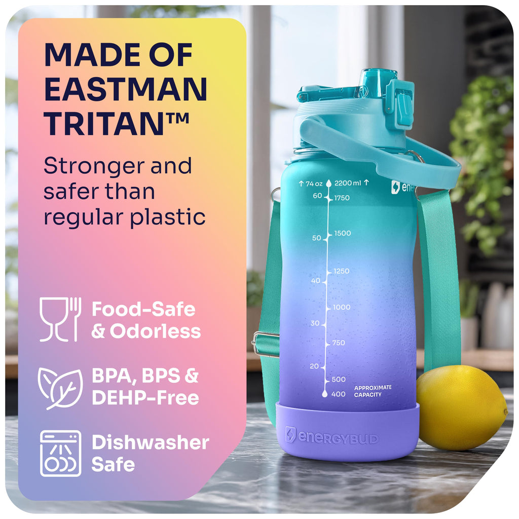 1/2 Gallon Water Bottle with 74.3 oz Capacity - Motivational Time Markers for Daily Hydration Goals - Leakproof BPA Free Tritan with Removable Straw