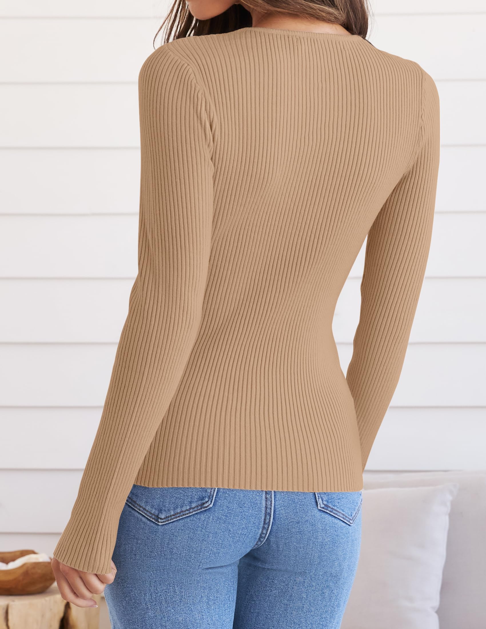 ZESICA Women's Long Sleeve Crewneck Shirts 2026 Spring Ribbed Knit Sweater Slim Fitted Casual Basic Tee Tops