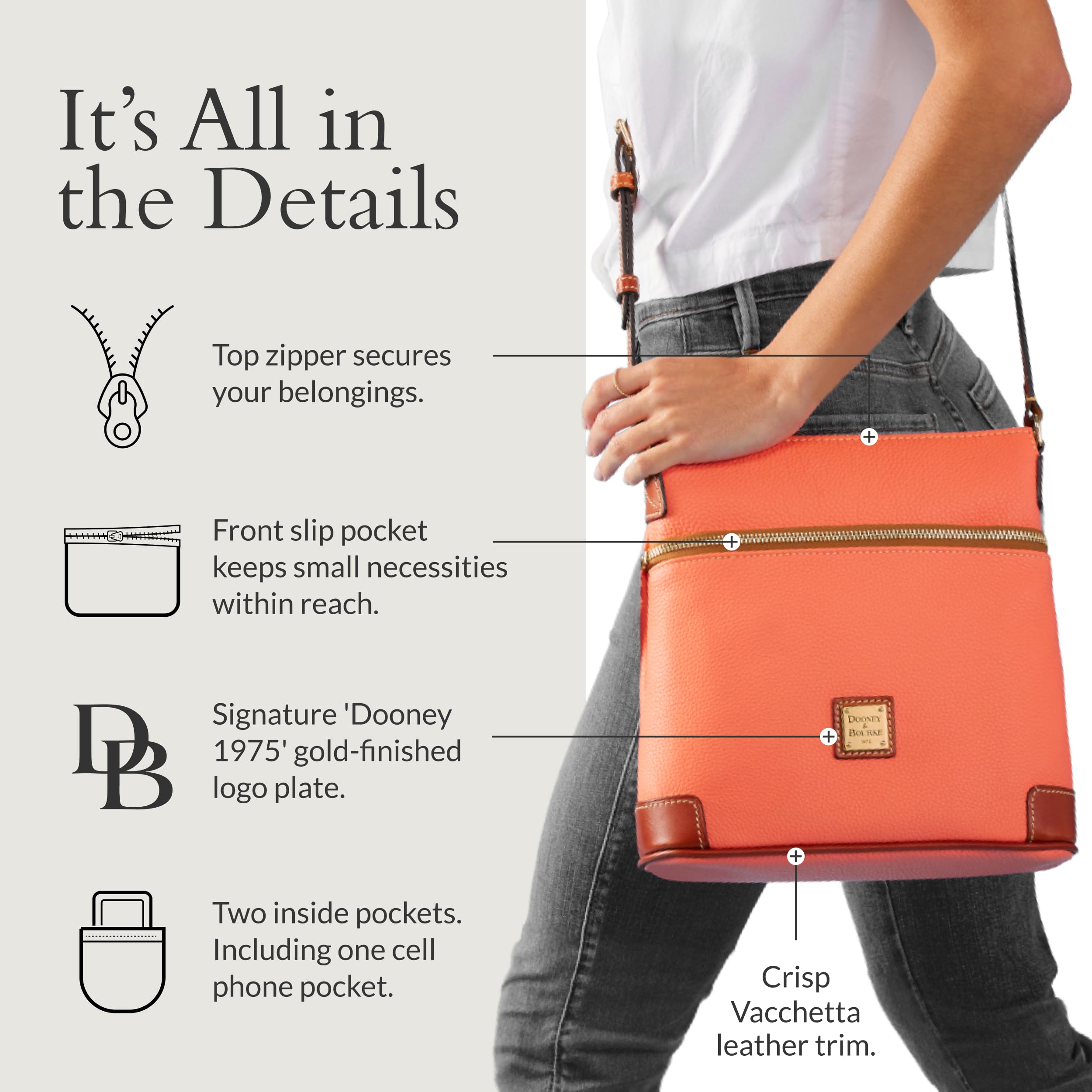 Dooney & Bourke Women's Crossbody in Pebble Grain Leather, Large Handbag with Adjustable Shoulder Strap