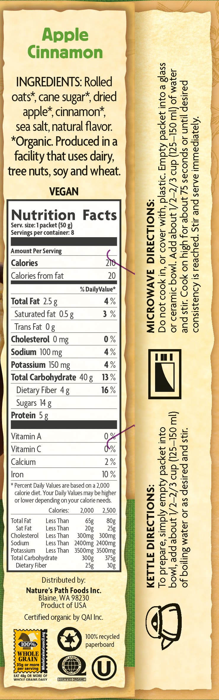 Natures Path, Oatmeal Pouches Apple Cinnamon Organic 8 Pack, 14 Ounce