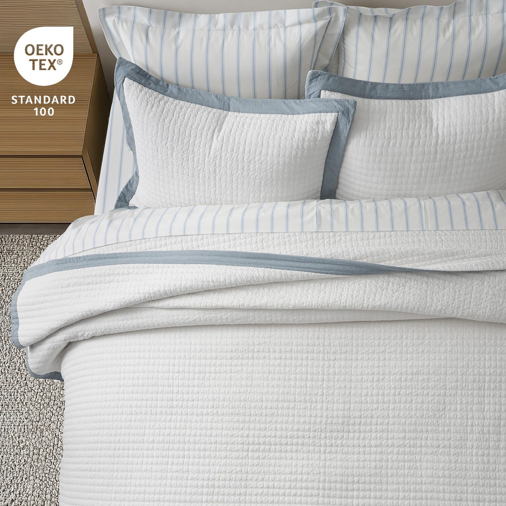 EVERGRACE Cotton Border Frame Tack-Stitch Quilt Bedding Set Queen Size, Coastal Oversized 3 Pieces Lightweight Bedspread Coverlet for All Season, with 2 Matching Shams, Blue Linen