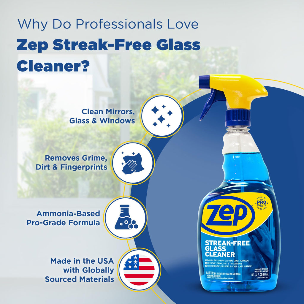 Zep Streak-Free Glass Cleaner - 32 Oz (Case of 4) ZU112032- Professional Grade Formula that Cleans Dirt, Fingerprints, Grime, Smoke Haze, and Toothpaste on Windows, Mirrors, and Other Glass Surfaces