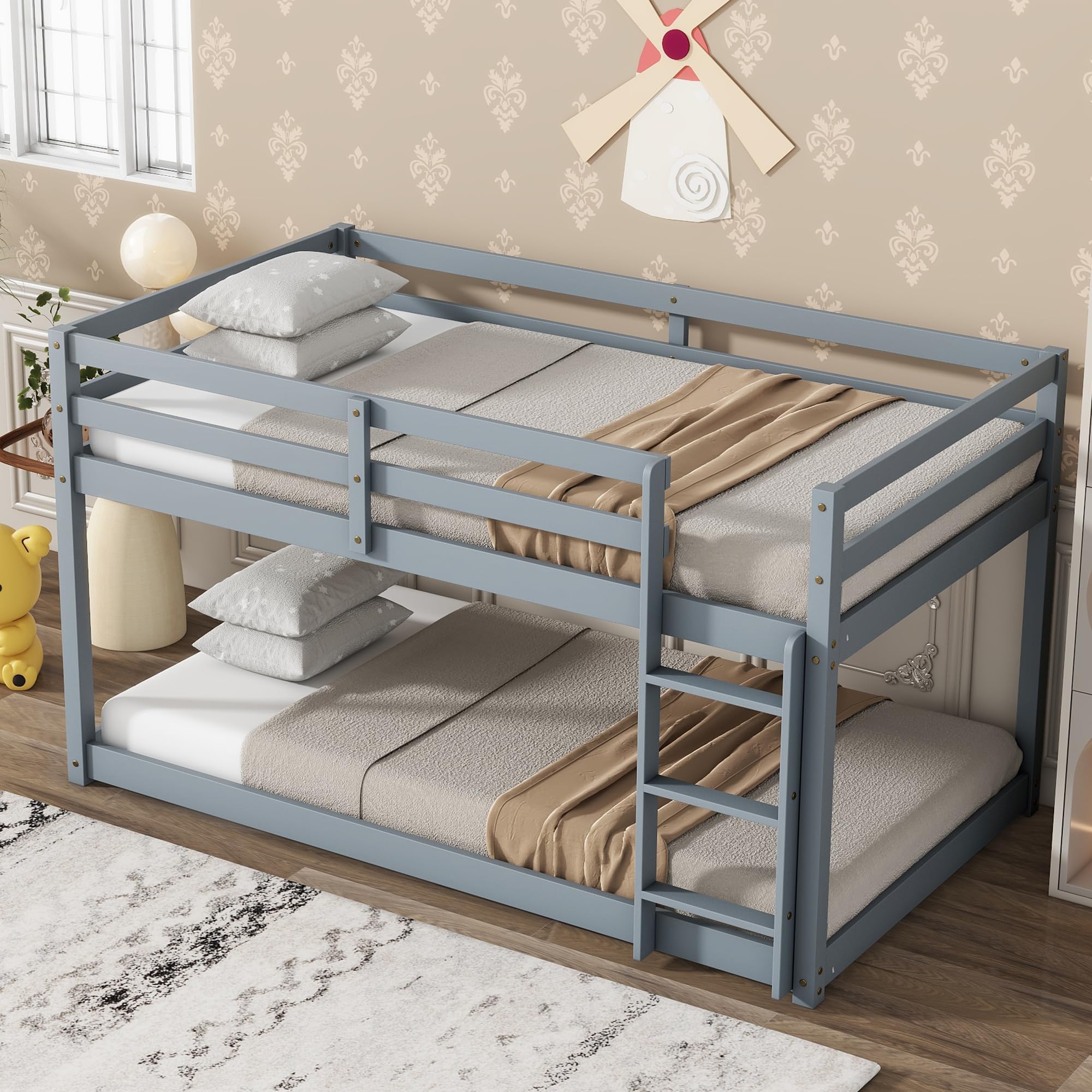 Bunk Bed Twin Over Twin, Wood Low Profile Floor Twin Bunk Beds with Headboard Ladder Guardrails for Kids Boys and Girls, No Box Spring Needed