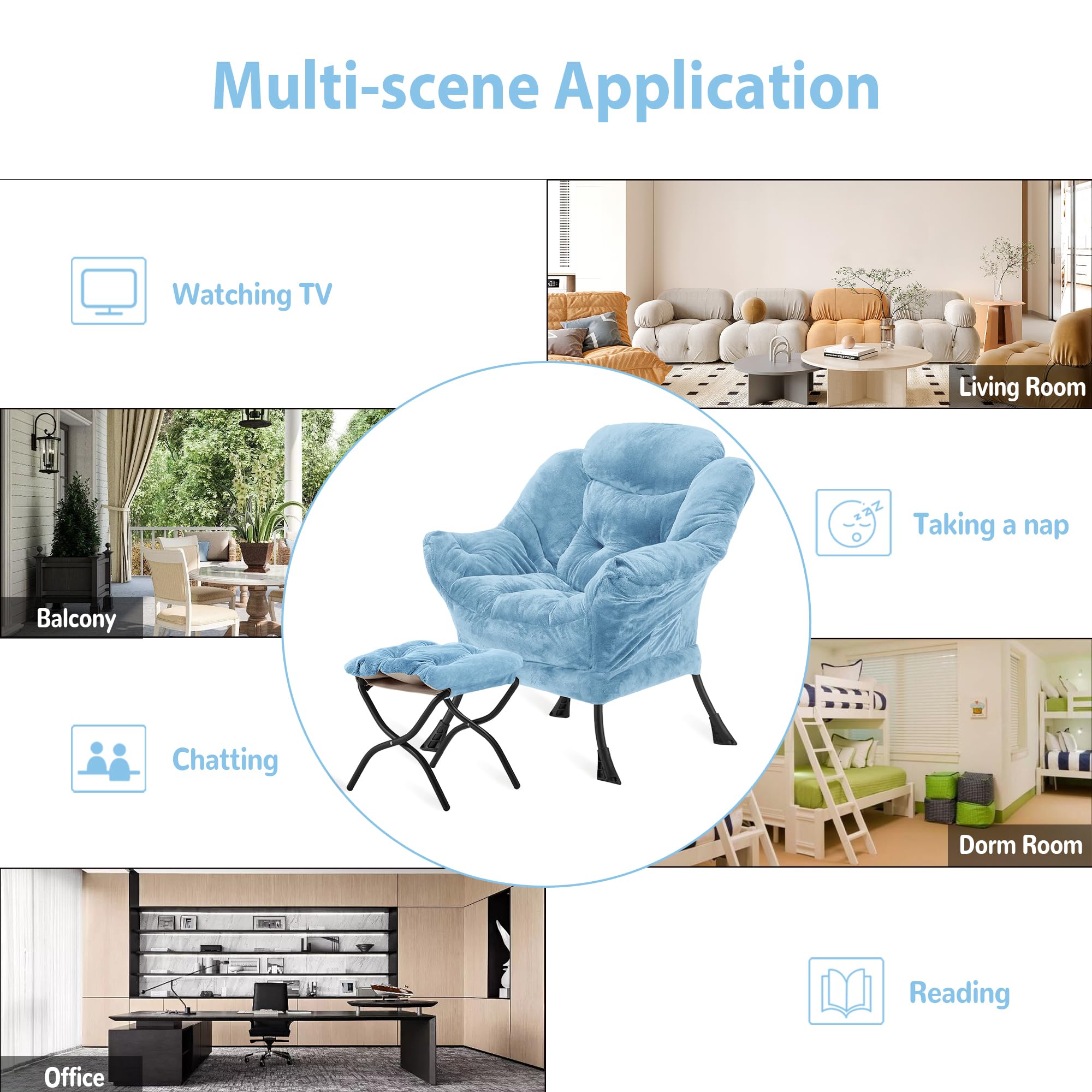Youtanic Lazy Chair with Folding Ottoman, Accent Chair Velvet Upholstered with Metal Structure and Non-Slip Pads, Sofa Armchair with Footrest and Side Storage Bag for Dorm, Room, Office, Beige