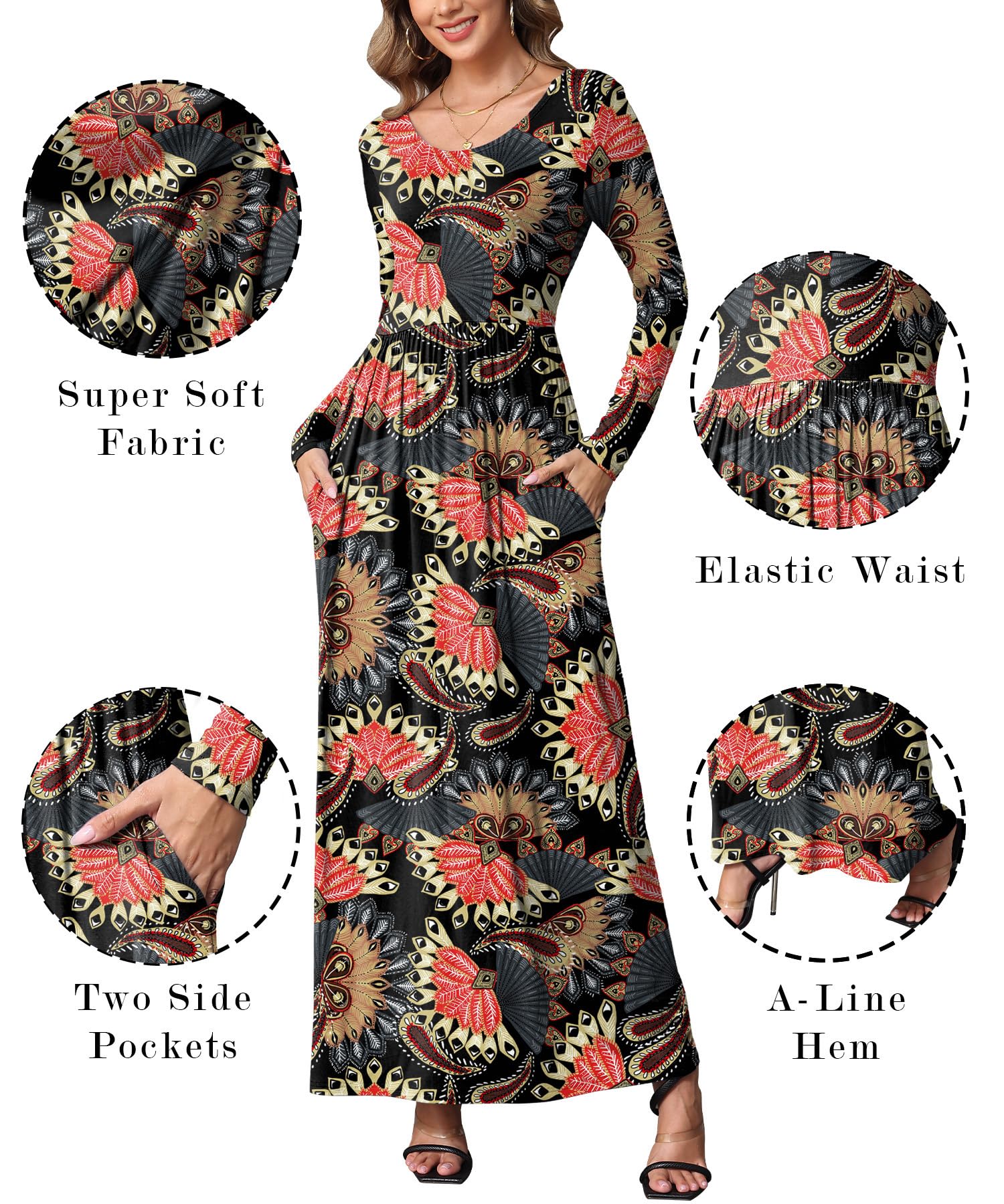 EUOVMY Women's Long Sleeve Loose Maxi Dresses Casual Long Dresses with Pockets