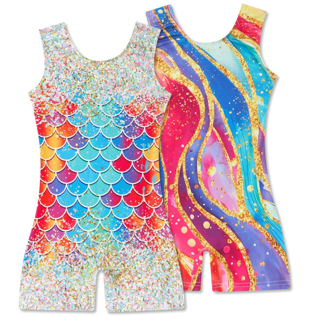 2 Packs Gymnastics Leotards for Girls Mermaid Leopard Dance Leotard Kids Biketard with Shorts