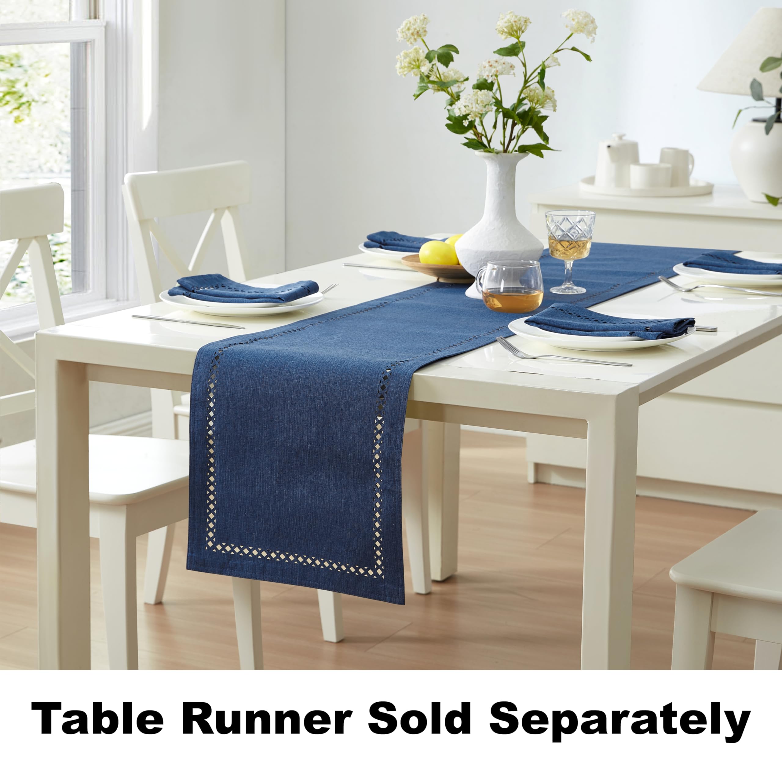 Newbridge Rectangle Fabric Placemats, Set of 4 Placemats, Provence Lattice Cutwork Solid Color Textured, Water and Stain Resistant Easy Care, Denim Blue