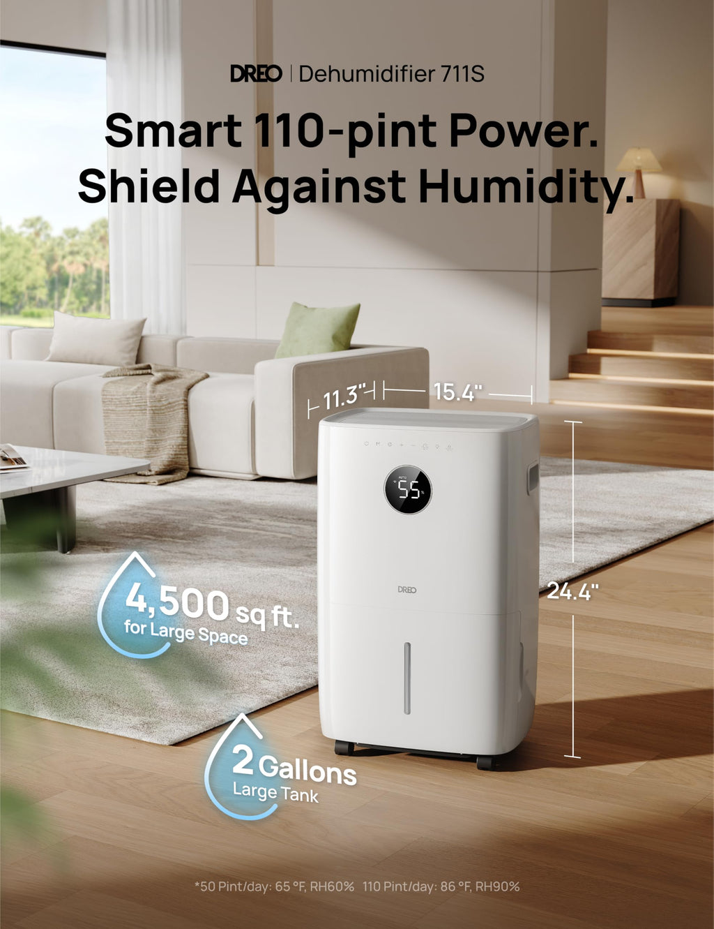 DREO 110-Pint Smart Dehumidifier for Basement, 4500 Ft² for Large Room, 2 Gallon Water Tank, Auto/Comfort/Constant Mode Dehumidifiers for Home, Bedroom, Bathroom, with Drain Hose, Black, 711S