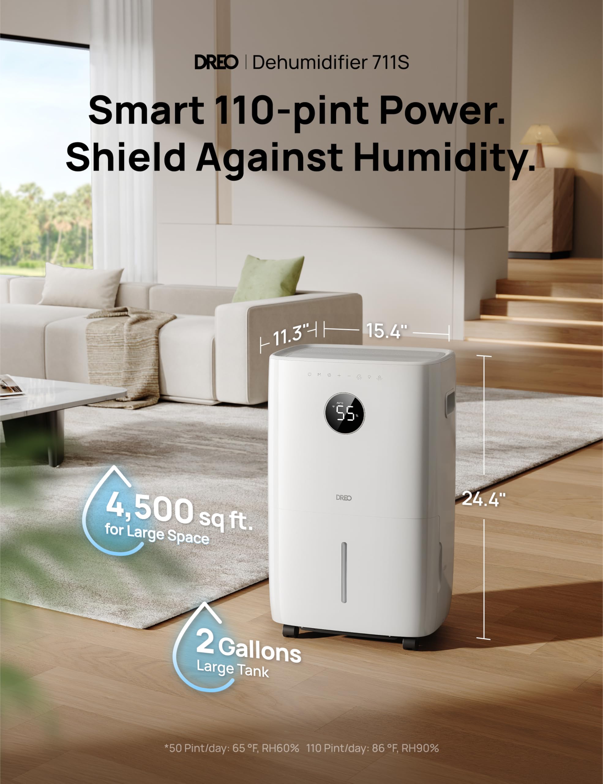 DREO 110-Pint Smart Dehumidifier for Basement, 4500 Ft² for Large Room, 2 Gallon Water Tank, Auto/Comfort/Constant Mode Dehumidifiers for Home, Bedroom, Bathroom, with Drain Hose, Black, 711S