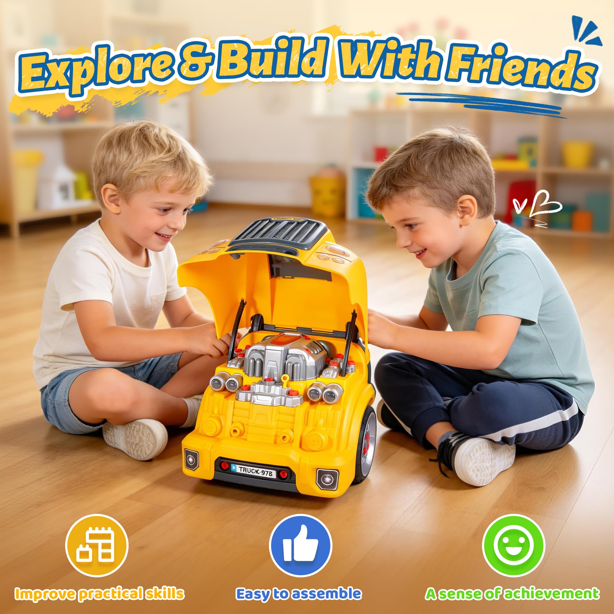 POFJOEQ Interactive Truck Engine Toy with Removable Parts - Lights, Sounds, and Fun for Young Mechanics -Unleash Their Creativity and Motor Skills with This Truck Engine Toy (Bule)