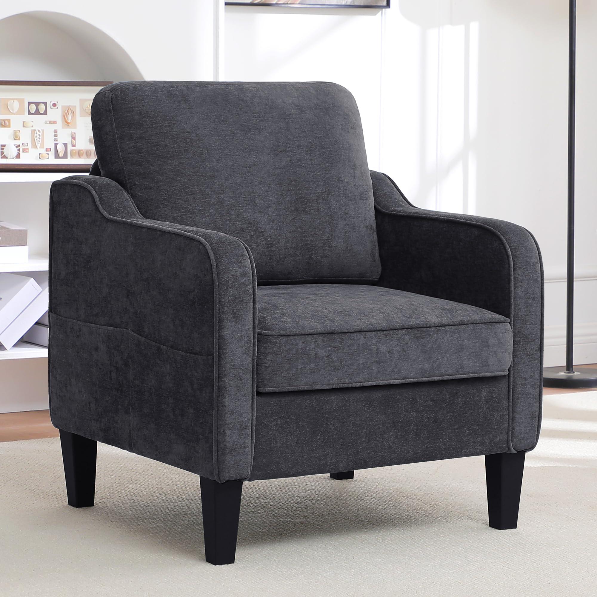 Accent Chair for Living Room, Mid Century Modern Reading Chair for Bedroom, Upholstered Armchair with Side Pockets, Comfy Single Sofa Side Chair for Office, Apartment, Small Room, Beige