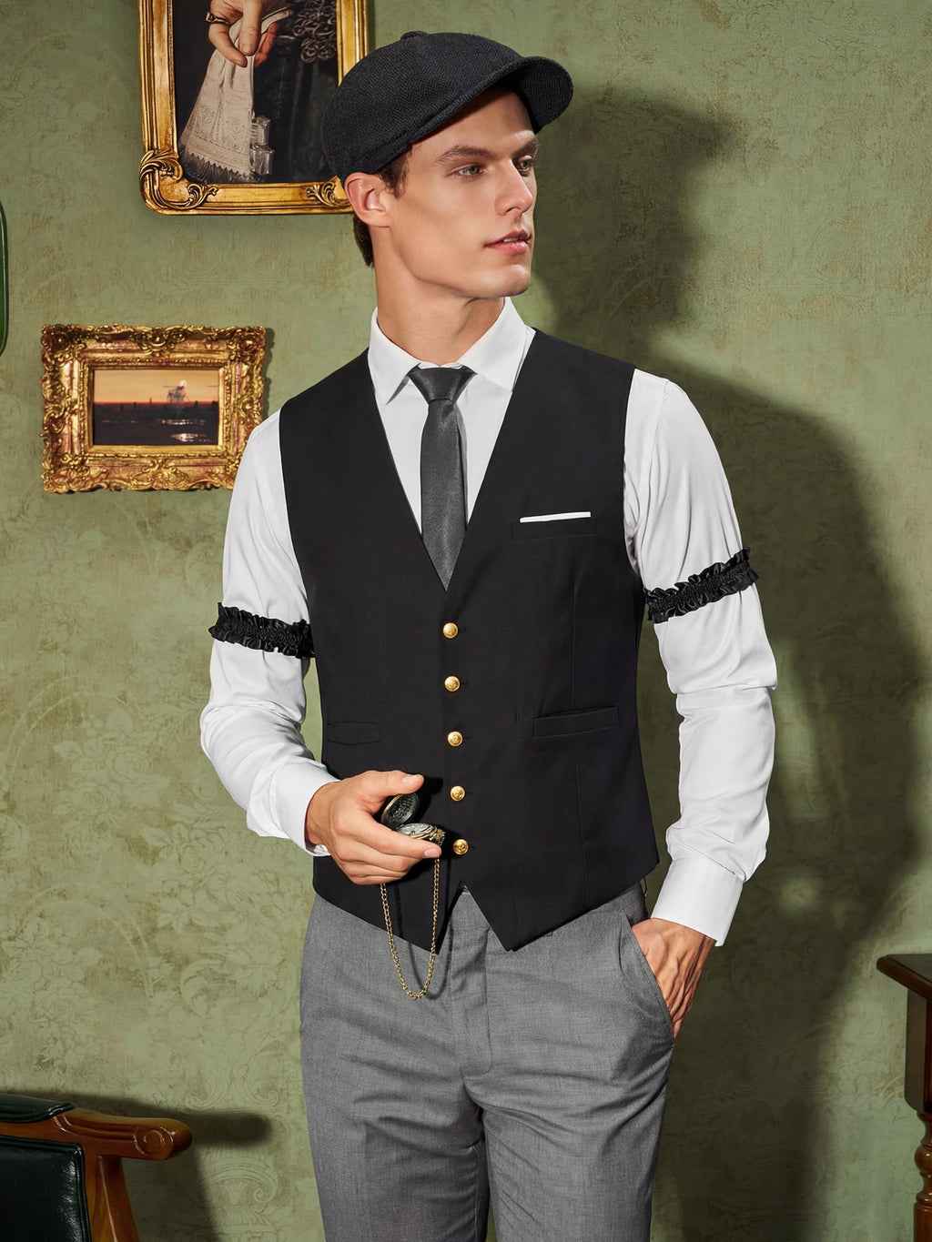 YESSA 1920s Mens Costume,Roaring 20s Costumes for Men,Gatsby Costume Men,1920s Mens Outfit Hat Vest Pocket Watch Tie