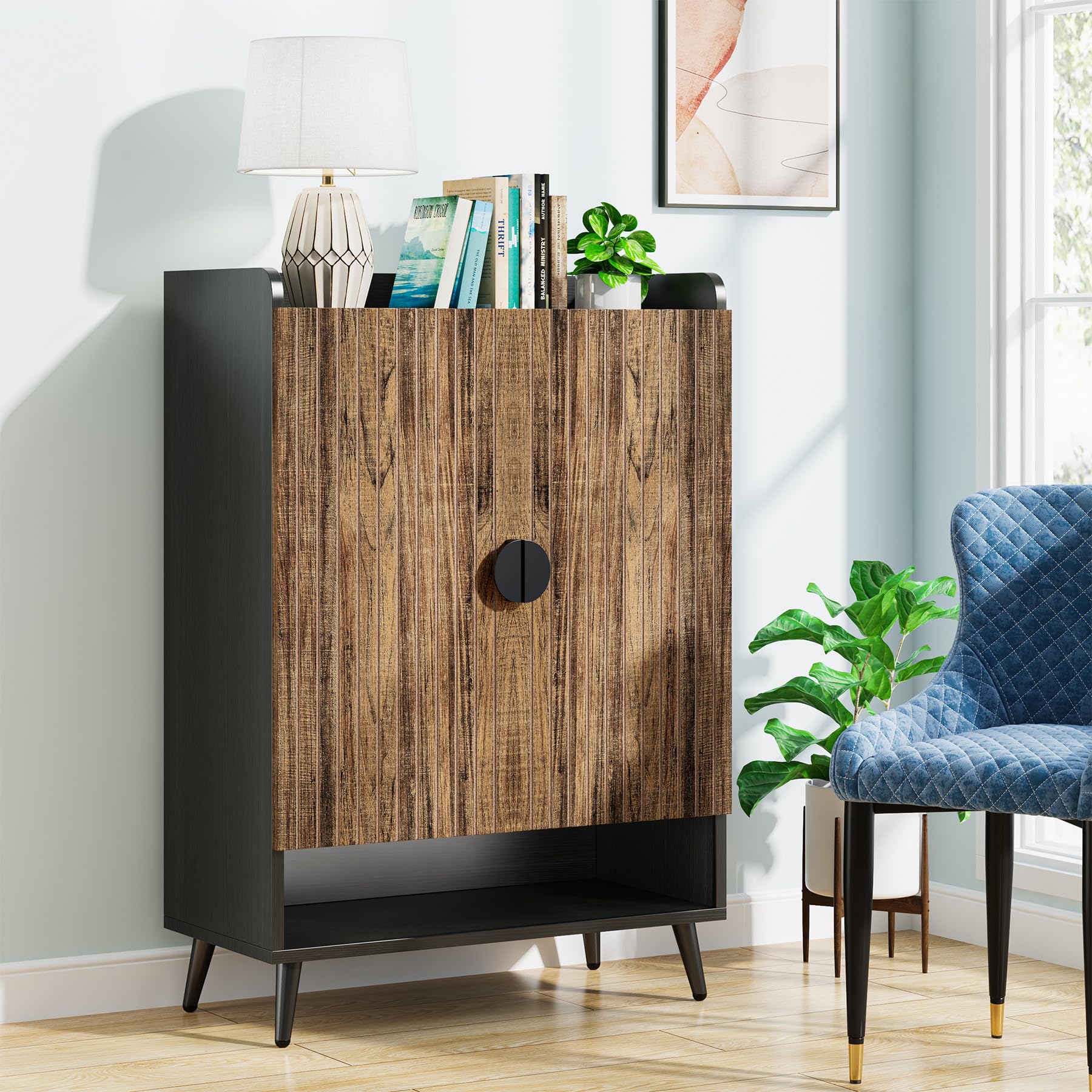 Tribesigns Shoe Cabinet with Doors, 7-Tier Shoe Storage Cabinet with Adjustable Shelves, Wooden Shoes Rack Shoe Storage Organizer for Entryway, Hallway, Closet, Living Room, Black