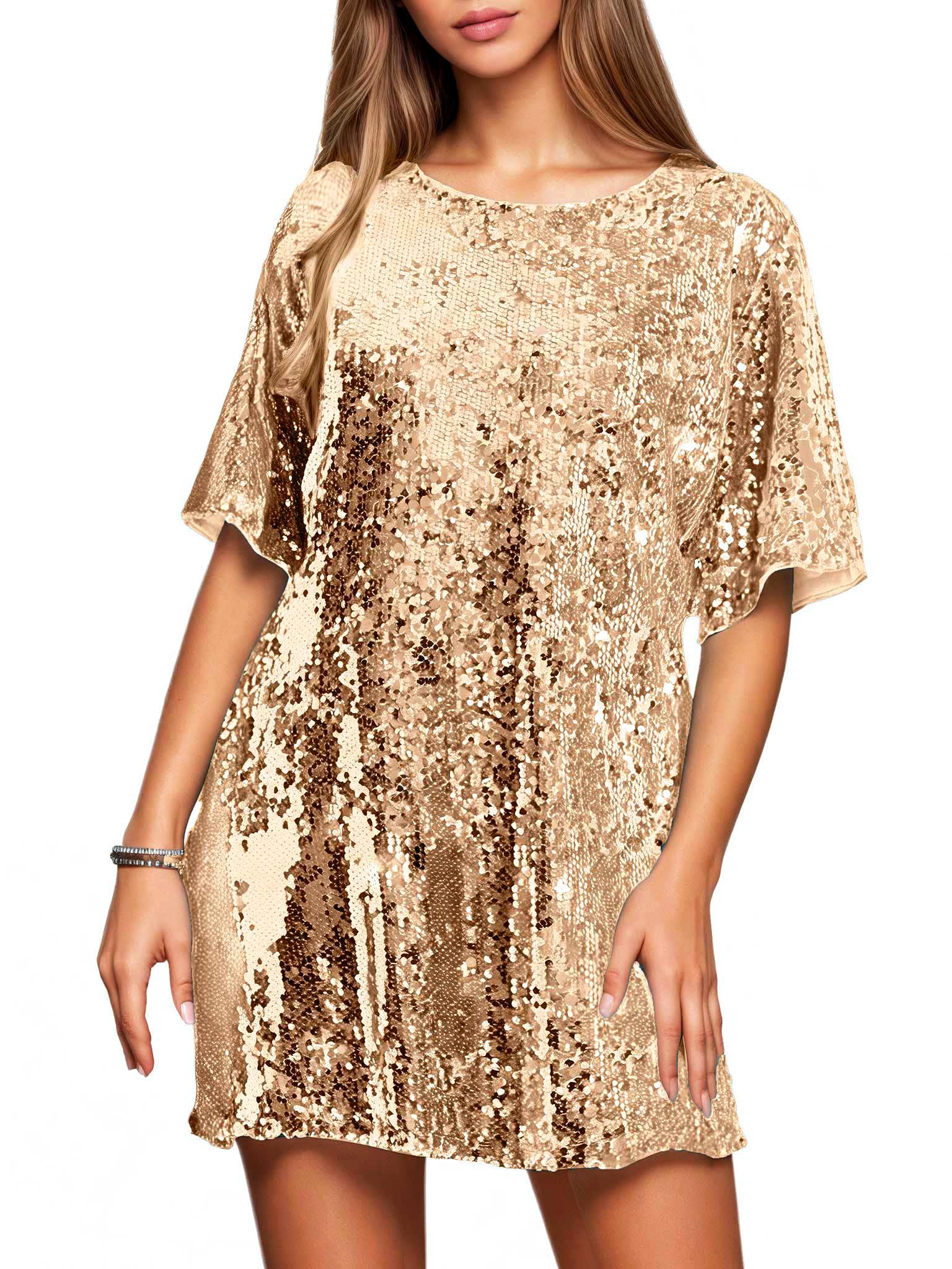 Women's Crew Neck Sequin Dress for Women Sexy V Neck Shirt Dress Sparkly Half Sleeve Loose Party Club Cocktail Dress
