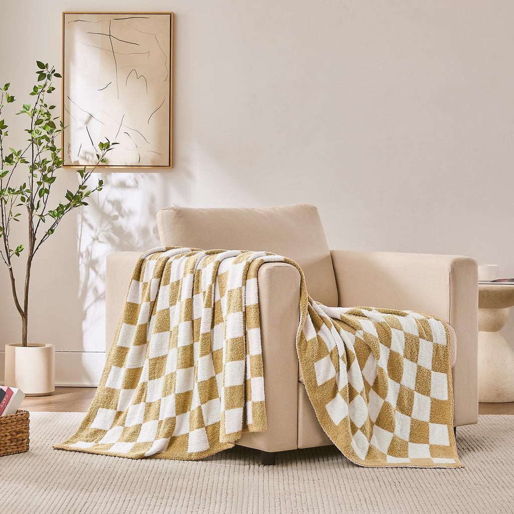 Checkered Throw Blanket, Black Soft Cozy Fluffy Knitted Throw Blankets for Couch, Sofa, Bed, Chair, Warm Fuzzy Travel Picnic Lightweight Plaid Blanket, 50x70 inches