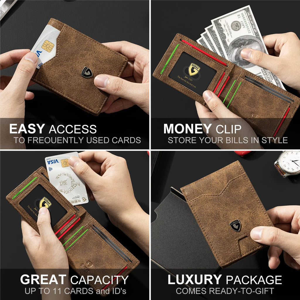 GSOIAX Slim Wallet for Men Rfid Blocking Leather Bifold Front Pocket Carbon Fiber Men's Money Clips Credit Card Holder With Gift Box