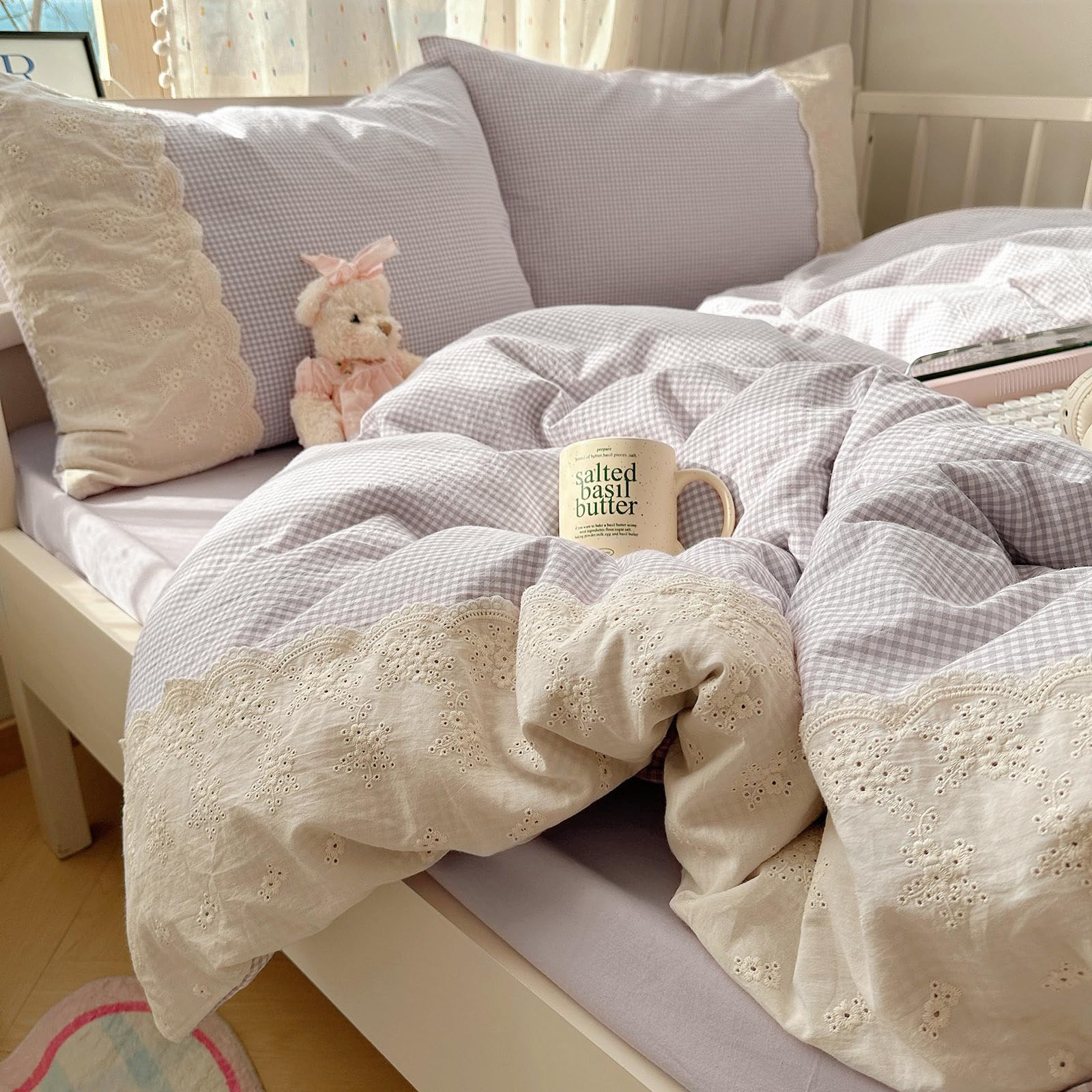 Pink Flower Duvet Cover Twin Chic Floral Print Ruffle Duvet Cover Cotton Lace Comforter Cover Country Style Floral Bedding Set Romantic Ruffle Comforter Cover Flower Bedding Cover with 2 Pillowcases