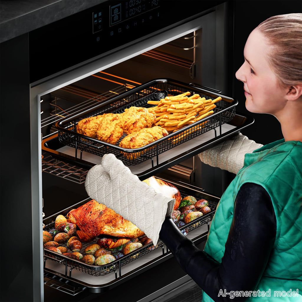 Air Fryer Basket for Oven, Large14.88"×10.98"Air Fryer Pans for Convection Oven with 30 Sheet Parchment Papers, THORSES Non-Stick Stainless Steel Air Fryer Basket and Tray for Multi Cooking - Black