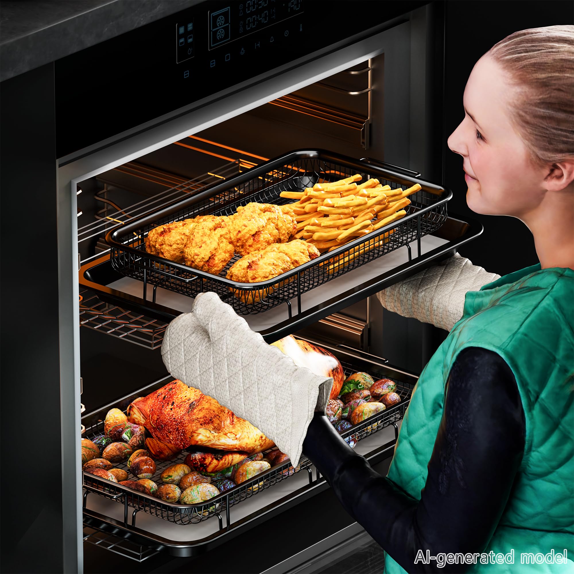 Air Fryer Basket for Oven, Large14.88"×10.98"Air Fryer Pans for Convection Oven with 30 Sheet Parchment Papers, THORSES Non-Stick Stainless Steel Air Fryer Basket and Tray for Multi Cooking - Black