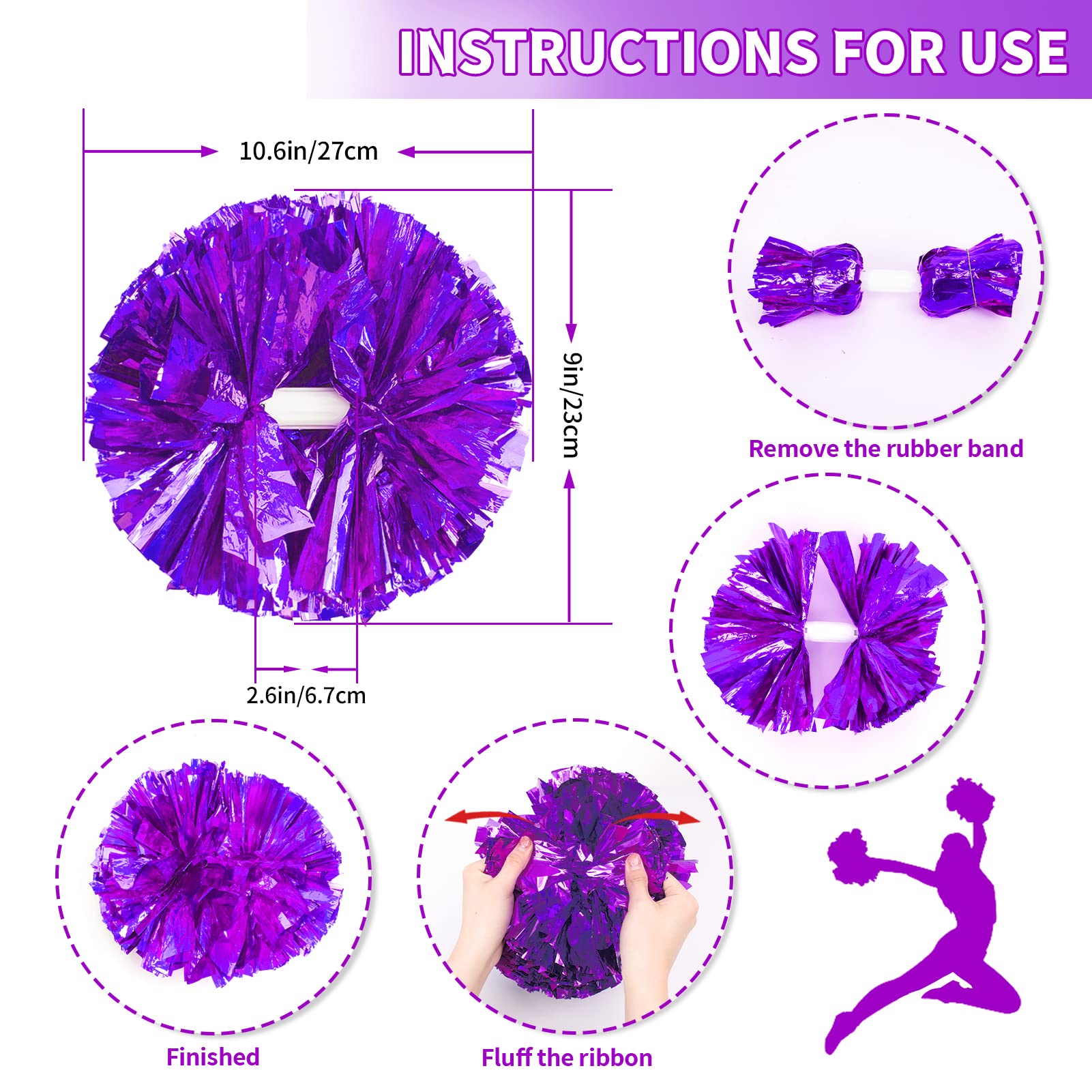 4Pcs Metallic Cheerleading Pom Poms, Creatiee 2 Pair Cheerleader Cheering Squad Pompoms for School Sports Dance Games Team Spirit Cheer