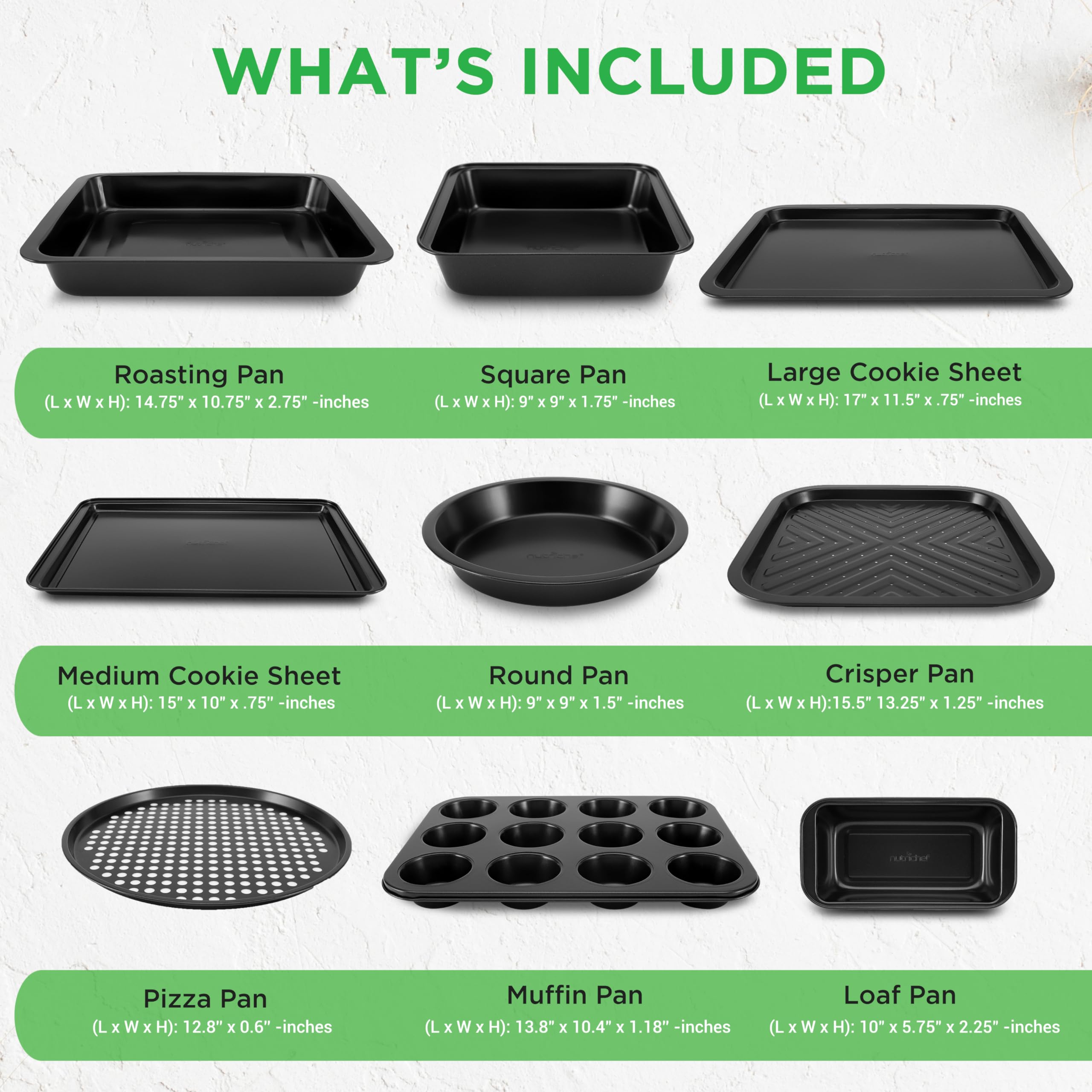 NutriChef 10-Piece Non-Stick Baking Set – Heavy-Duty Carbon Steel Bakeware Set w/ Cookie Sheets, Muffin Pan, Roasting Pan, Cake Pan, Baking Tray, Pizza Pan – Effortless Food Release & Easy Cleanup