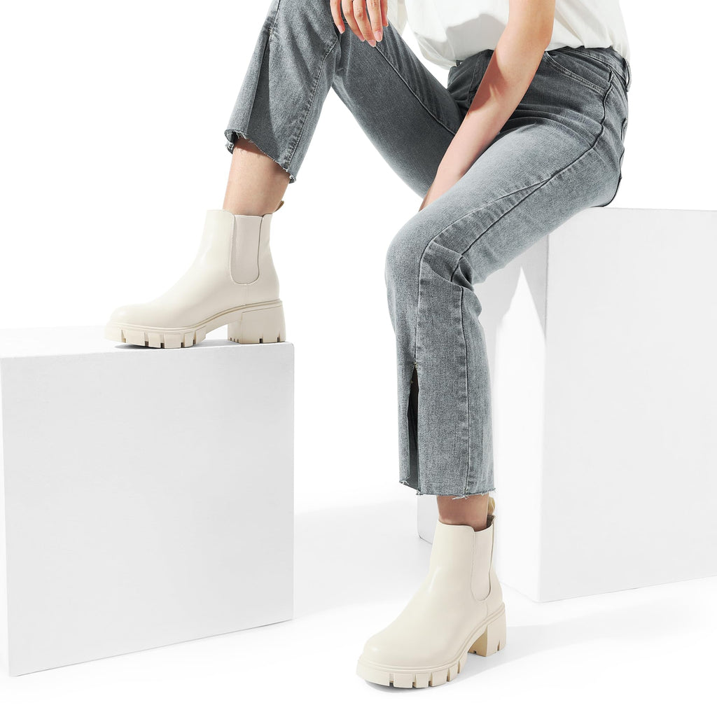 DREAM PAIRS Women's Elastic Chelsea Ankle Boots Platform Low Chunky Block Heel Lug Sole Slip on Fall Heeled Booties Shoes