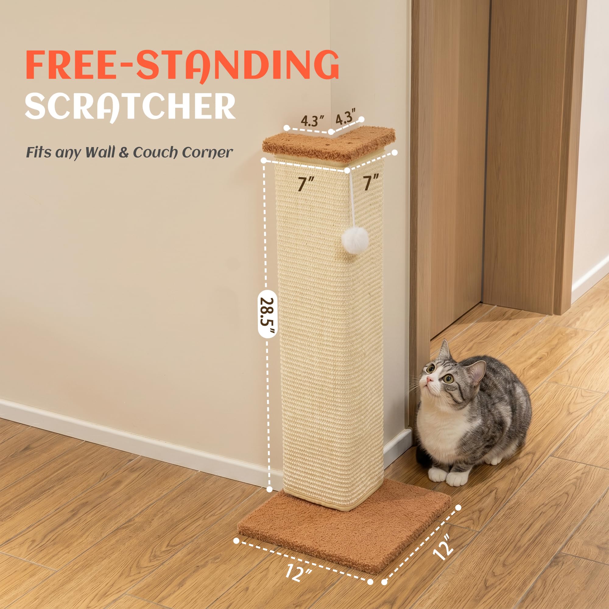 PETKARAY Couch Corner Cat Scratcher, 28.5" Sisal Scratching Post for Cats | Corner Wall Scratch Pad for Furniture Protection, Large Vertical Cat Scratching Post with Plush Base