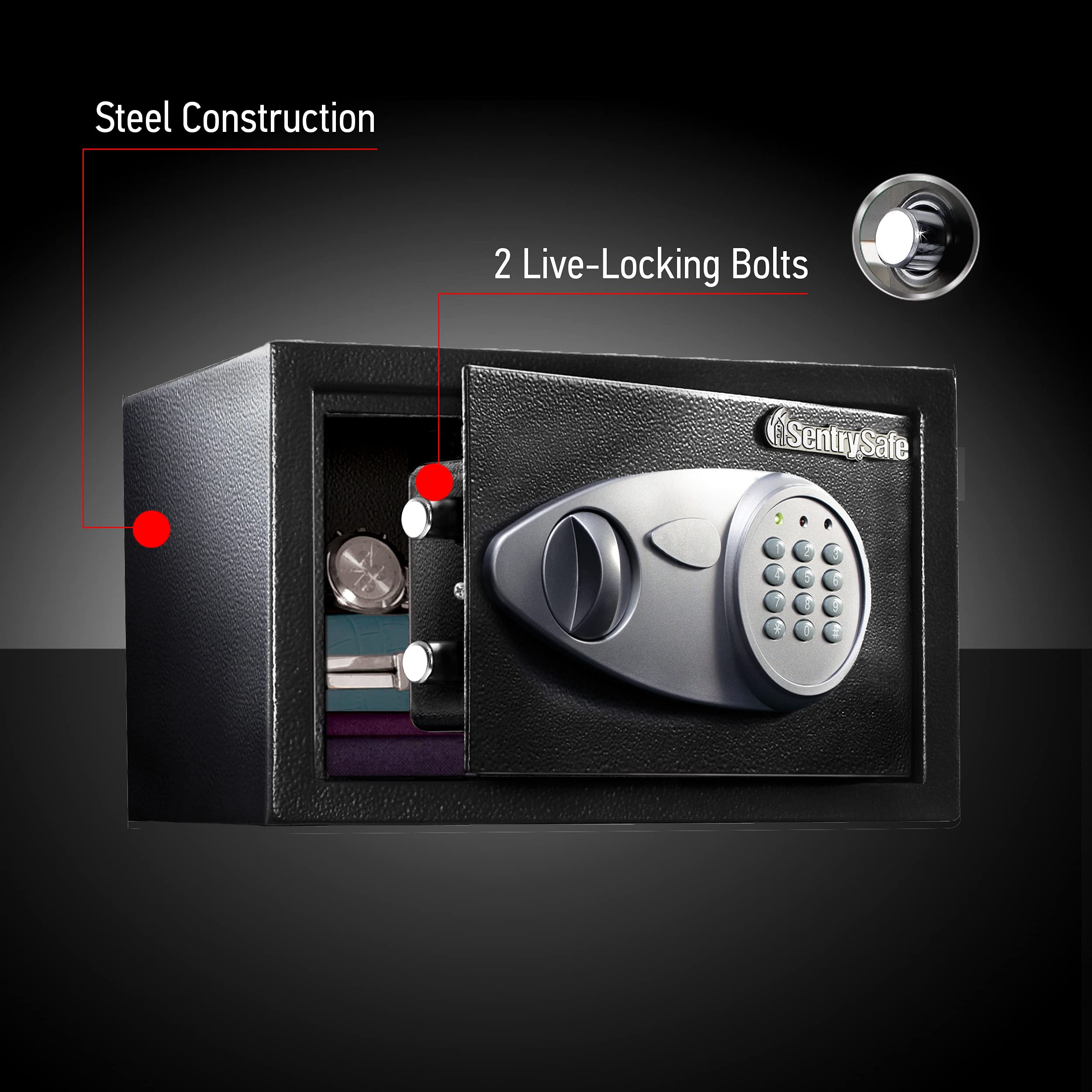 SentrySafe Medium Safe with Digital Keypad, Lock Box with Code has Interior Lining and Bolt Down Kit that Secures Pistol, Money, 0.41 Cubic Feet, 7.6 x 11.4 x 10.4 Inches, X041E