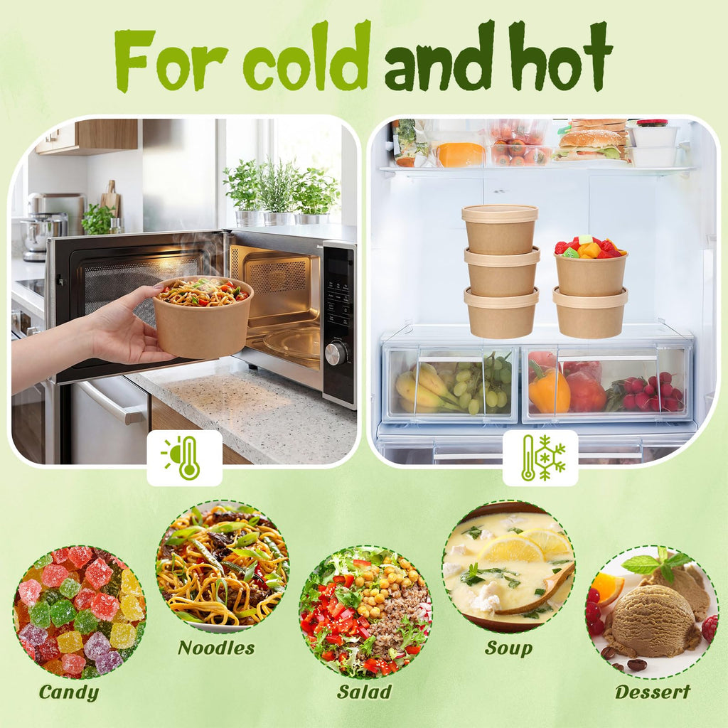 Fulmoon 100 Pack Paper Soup Containers with Lids Disposable Paper Food Containers with Vented Lid Kraft Ice Cream Cake Dessert Cups Soup Bowl for Party Hot Food Fruit Microwave(4 oz,Brown)