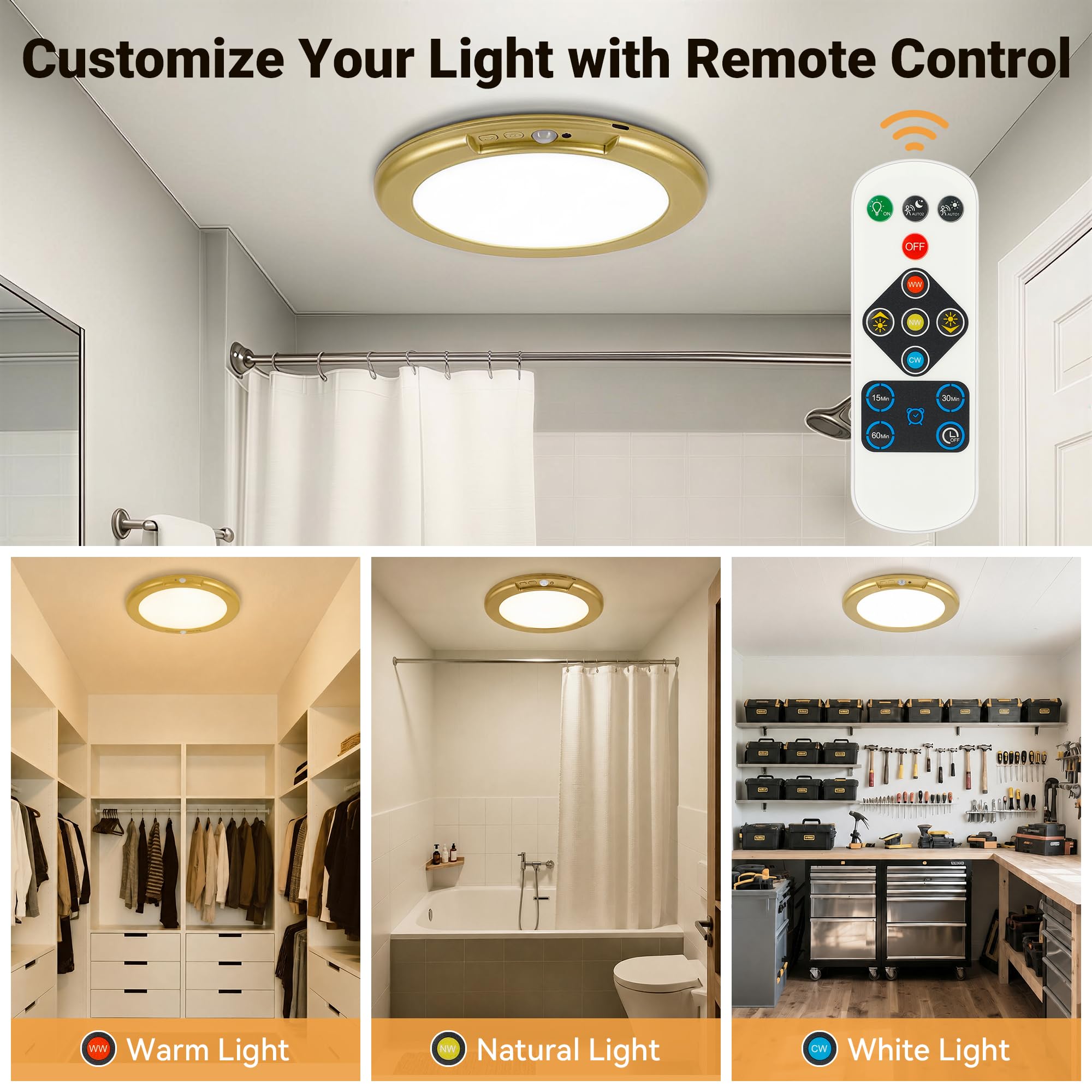 Wireless Closet Lights Motion Sensor - No Wiring Rechargeable Ceiling Light Night Light Indoor, Battery Operated Led Lights for Bedroom with Remote, Living Room Bathroom Home & Kitchen Decor Lighting