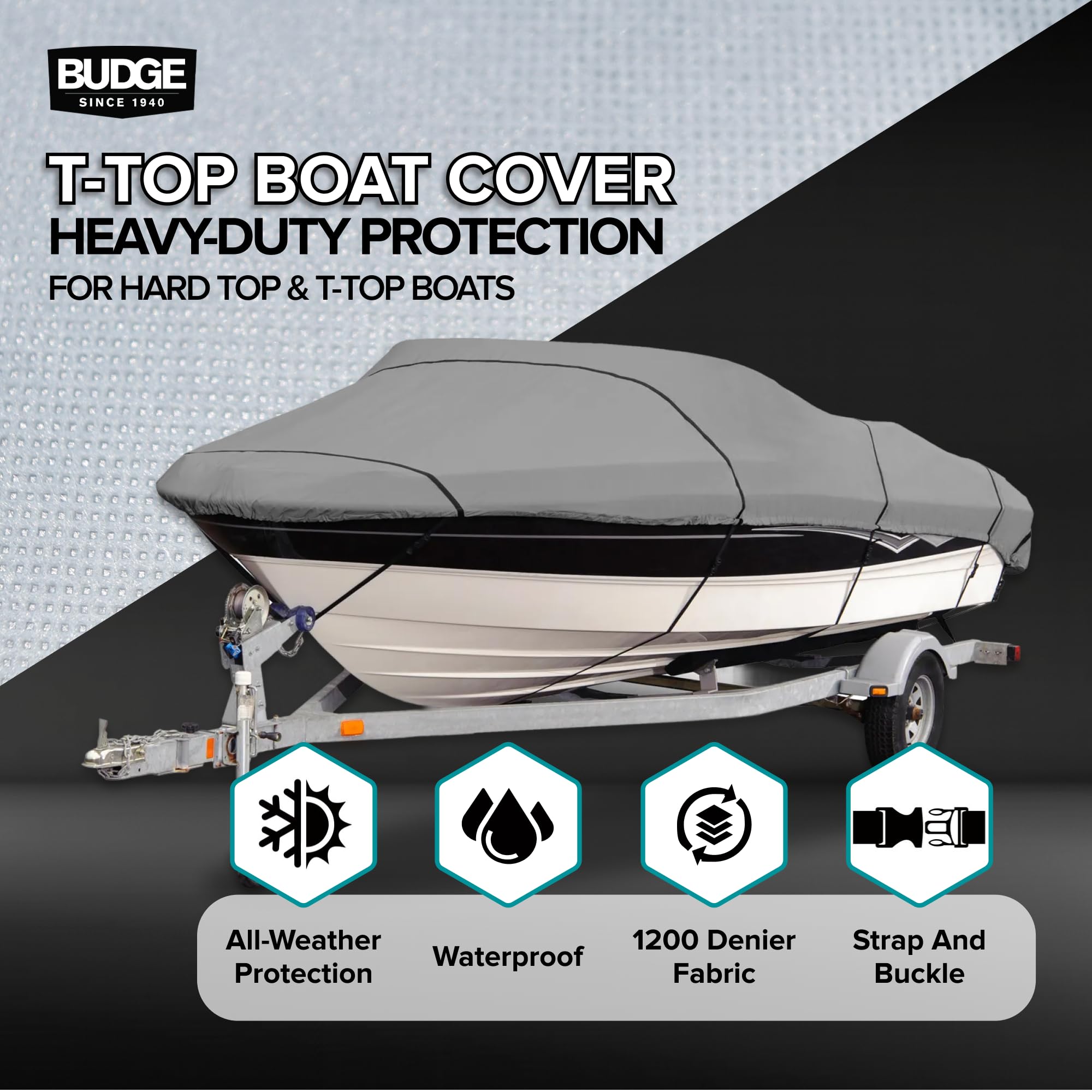 Budge B-620-X6 Blue 20'-22' Long (Beam Width up to 106") 600 Denier Waterproof Breathable Hard/T-Top Boat Cover