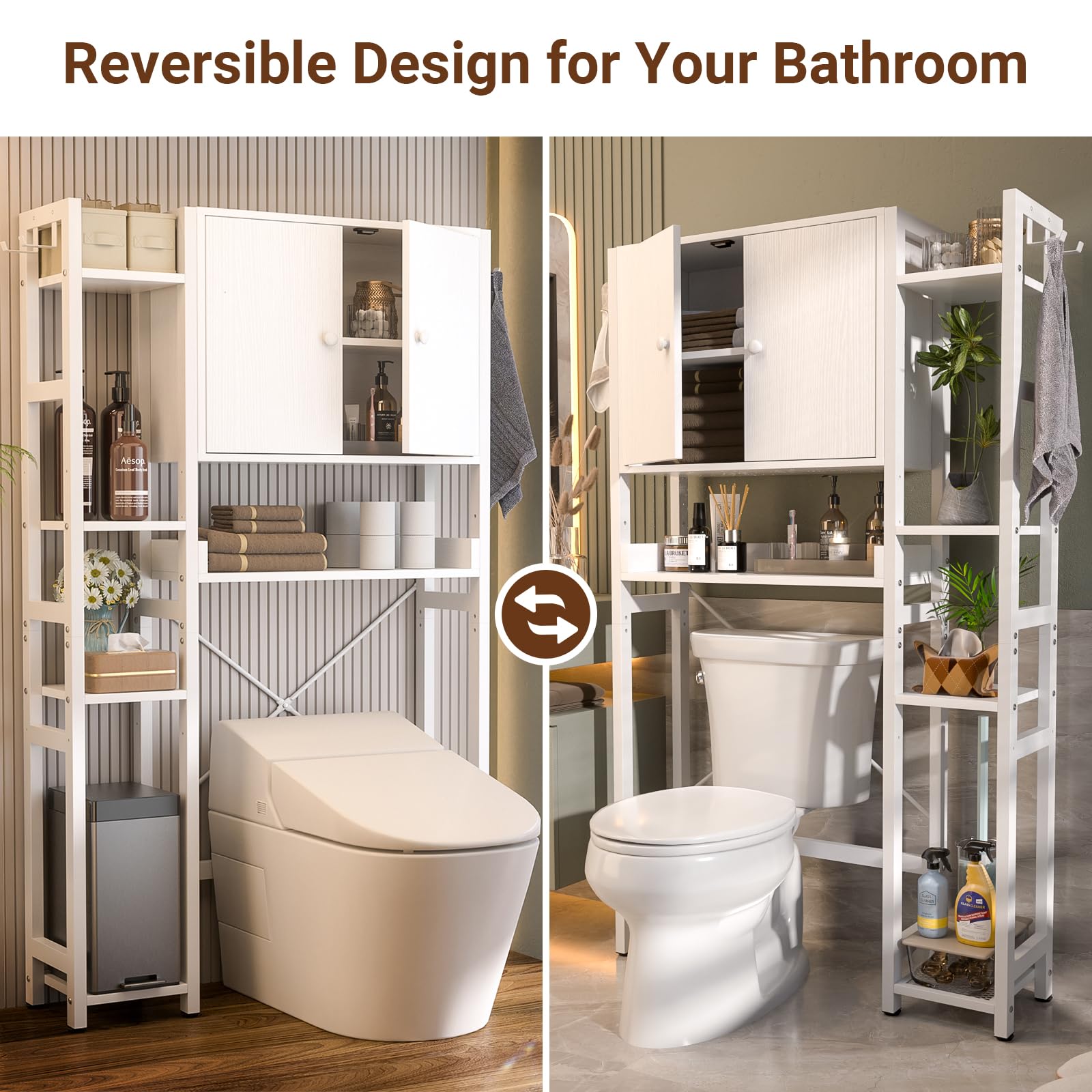 Over The Toilet Storage Cabinet with Doors - 7 Tier Bathroom Organizer with Adjustable Shelf, Freestanding Space Saver Rack Above Toilet Stand with 4 Hooks for Bathroom, Restroom, Laundry, Black