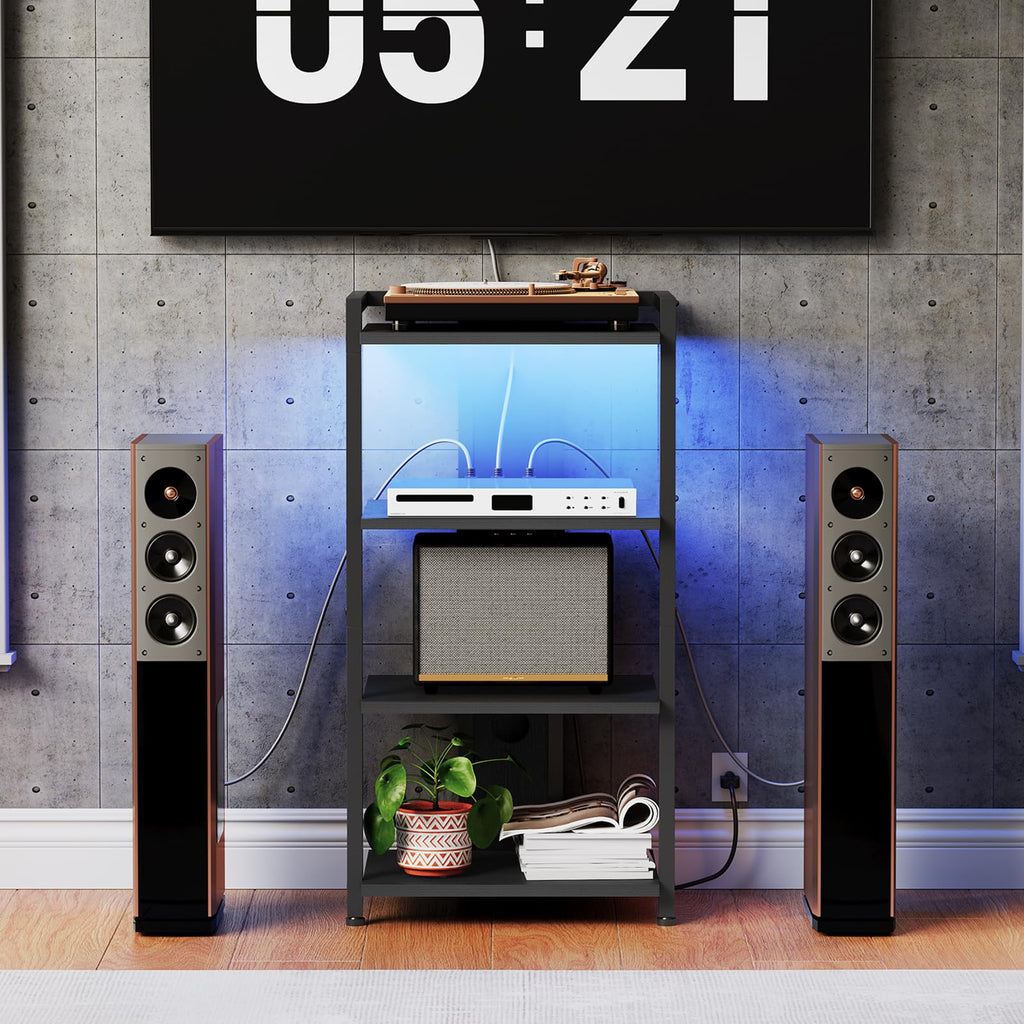 HOOBRO Game Console Shelf, 4-Tier Video Gaming Consoles Stand with Outlet & RGB Light, Audio Rack Tower for Turntable, Stereo Equipment, Wooden Entertainment Storage Stand, Black BB38UDCJ01