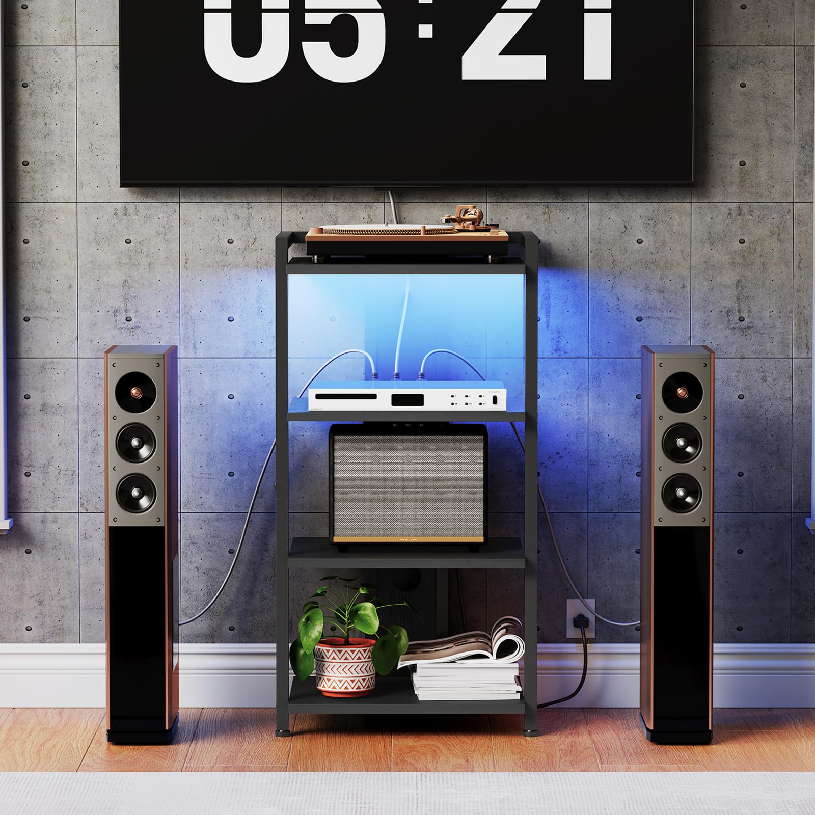HOOBRO Game Console Shelf, 4-Tier Video Gaming Consoles Stand with Outlet & RGB Light, Audio Rack Tower for Turntable, Stereo Equipment, Wooden Entertainment Storage Stand, Black BB38UDCJ01
