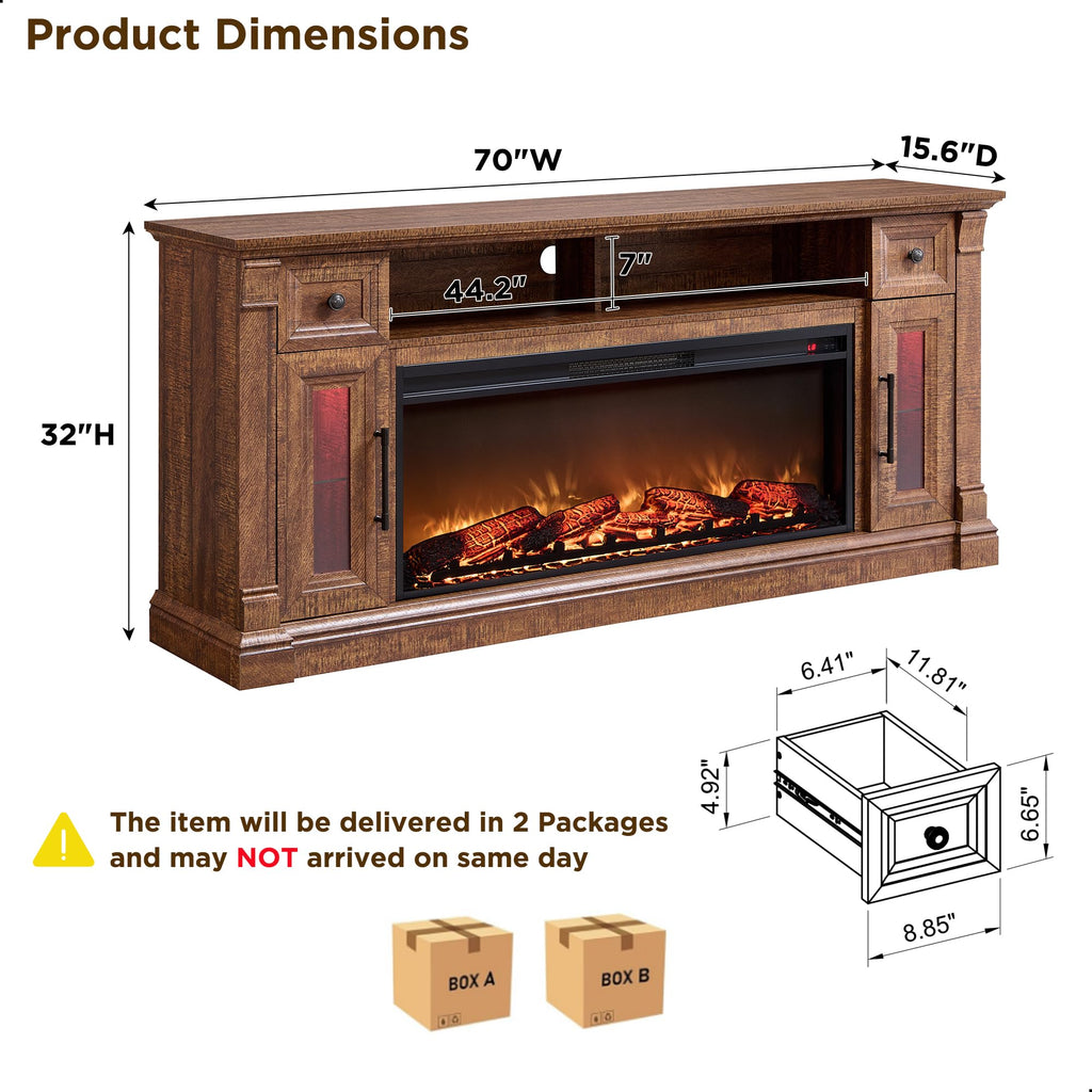 OKD Fireplace TV Stand for 80 Inch TV - Farmhouse Entertainment Center with 42" Electric Fireplace & LED Lights, Wood Media Console with Storage Drawers & Cabinets for Living Room, Antique White