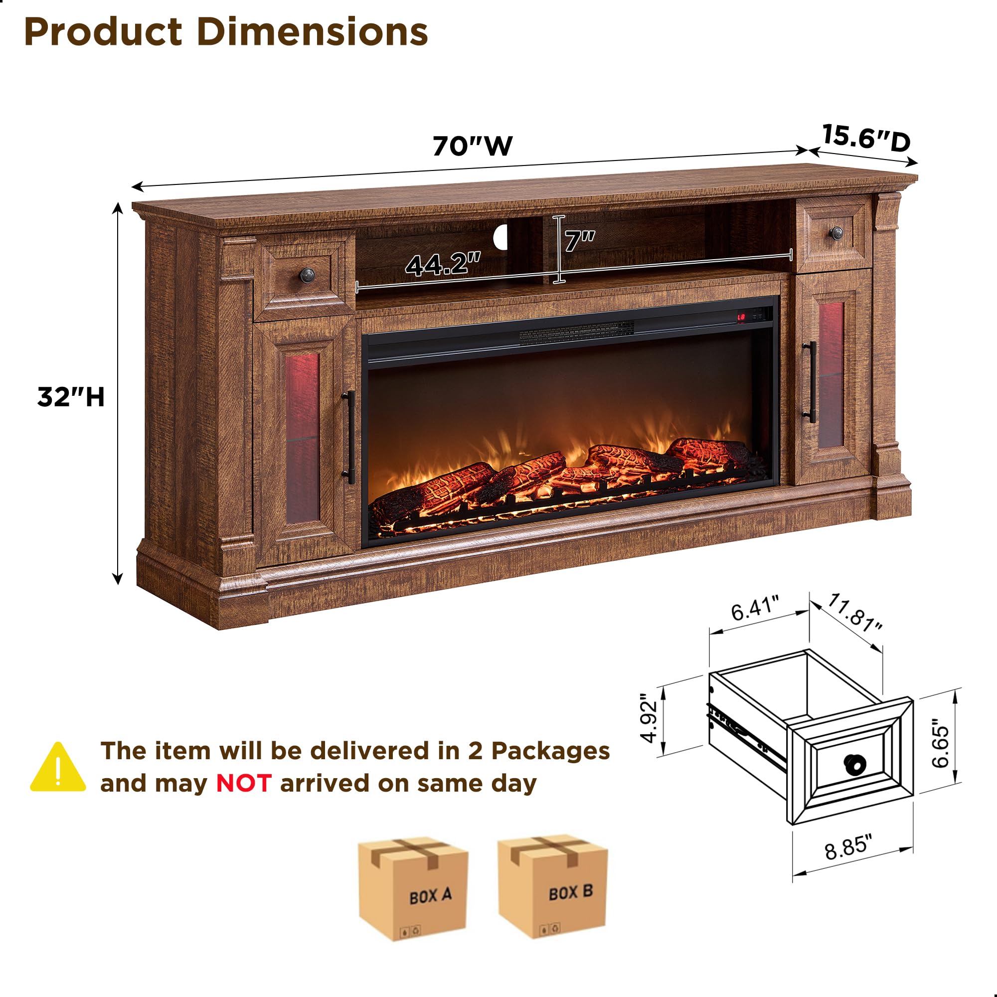 OKD Fireplace TV Stand for 80 Inch TV - Farmhouse Entertainment Center with 42" Electric Fireplace & LED Lights, Wood Media Console with Storage Drawers & Cabinets for Living Room, Antique White