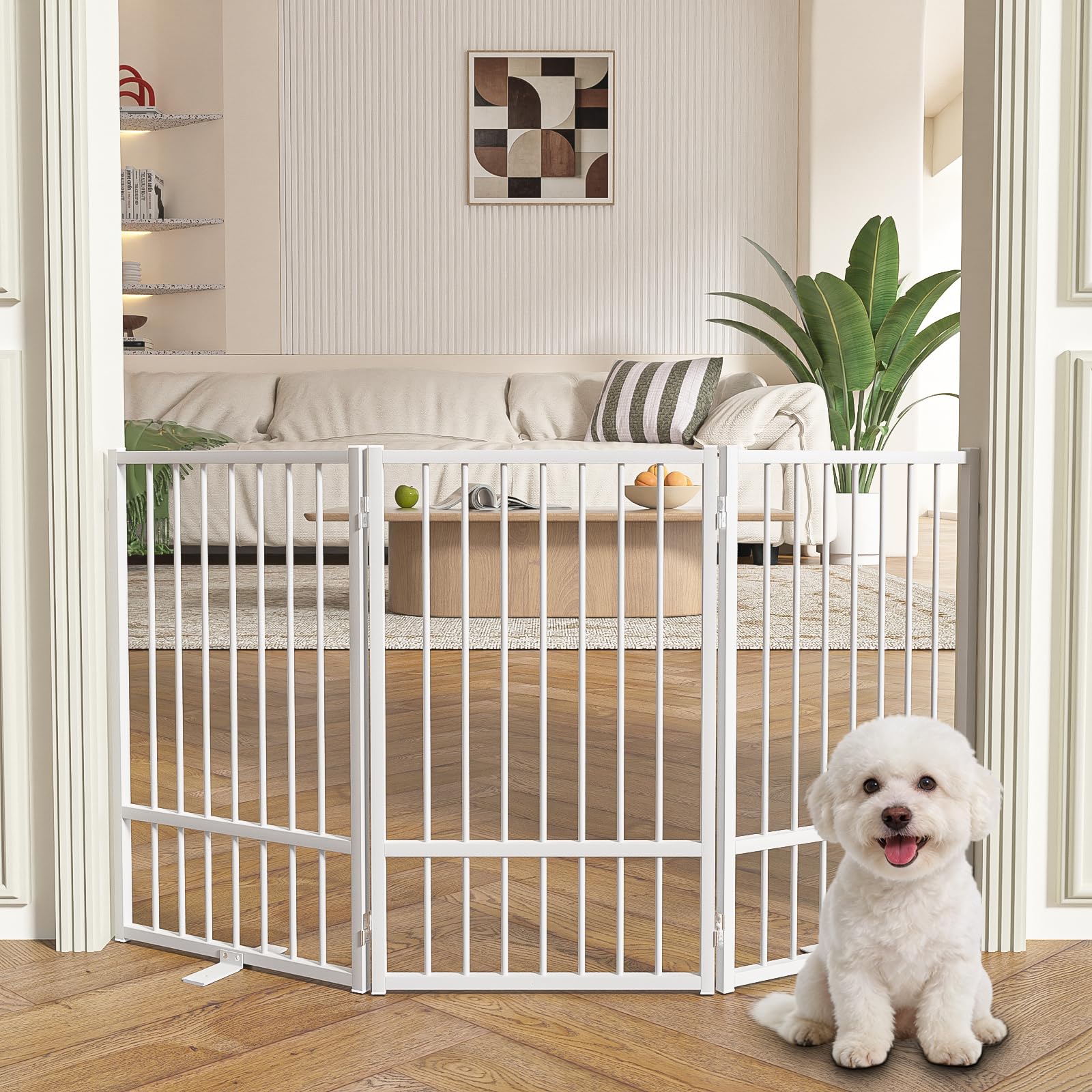 SNUOWU Full Metal Freestanding Dog Gate with Door, 24'' Height Foldable Pet Dog Fence for Indoor & Outdoor, 2 Panels Extra Wide Free Standing SmallDog Gates for Doorways,House,Stairs,Porch,Deck,Yard
