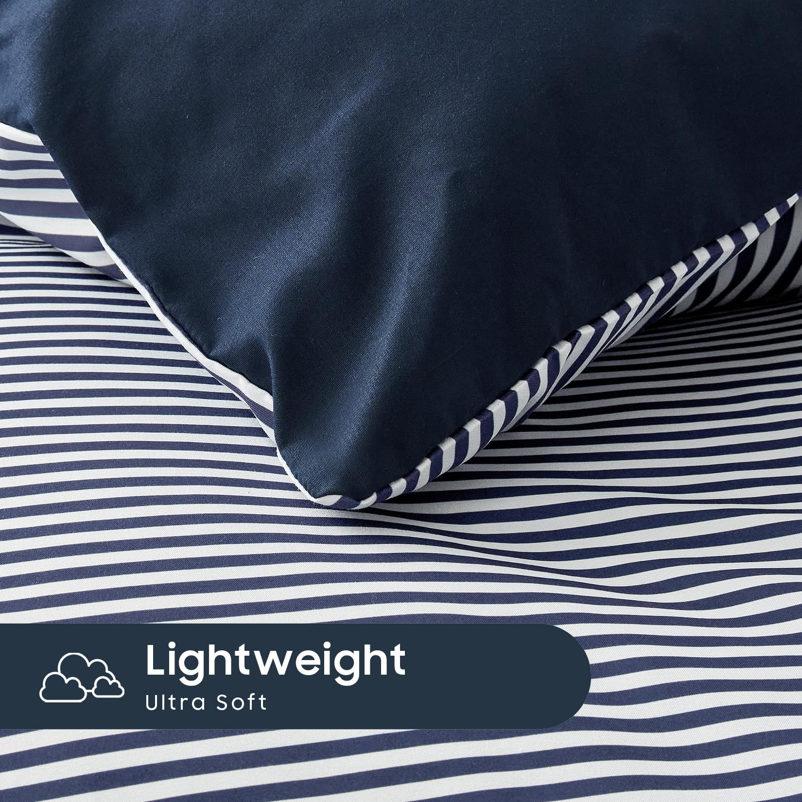 Wake In Cloud - Striped Comforter Set, Ticking Stripe Vertical Pinstripe Neutral Farmhouse Pattern Printed, Soft Lightweight Bedding, 3 Pieces, Blue White, Twin/Twin XL Size
