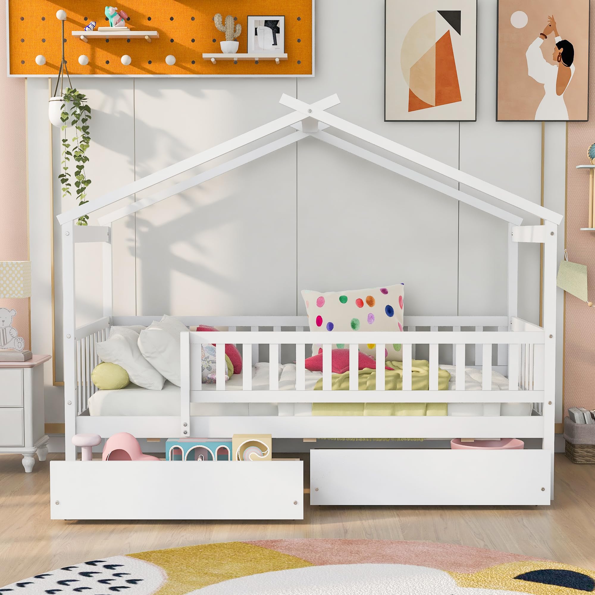 Merax Twin Size Wooden House Bed with Two Drawers, Wood Bed Frame with Roof for Kids, Teens, Boys or Girls, Grey