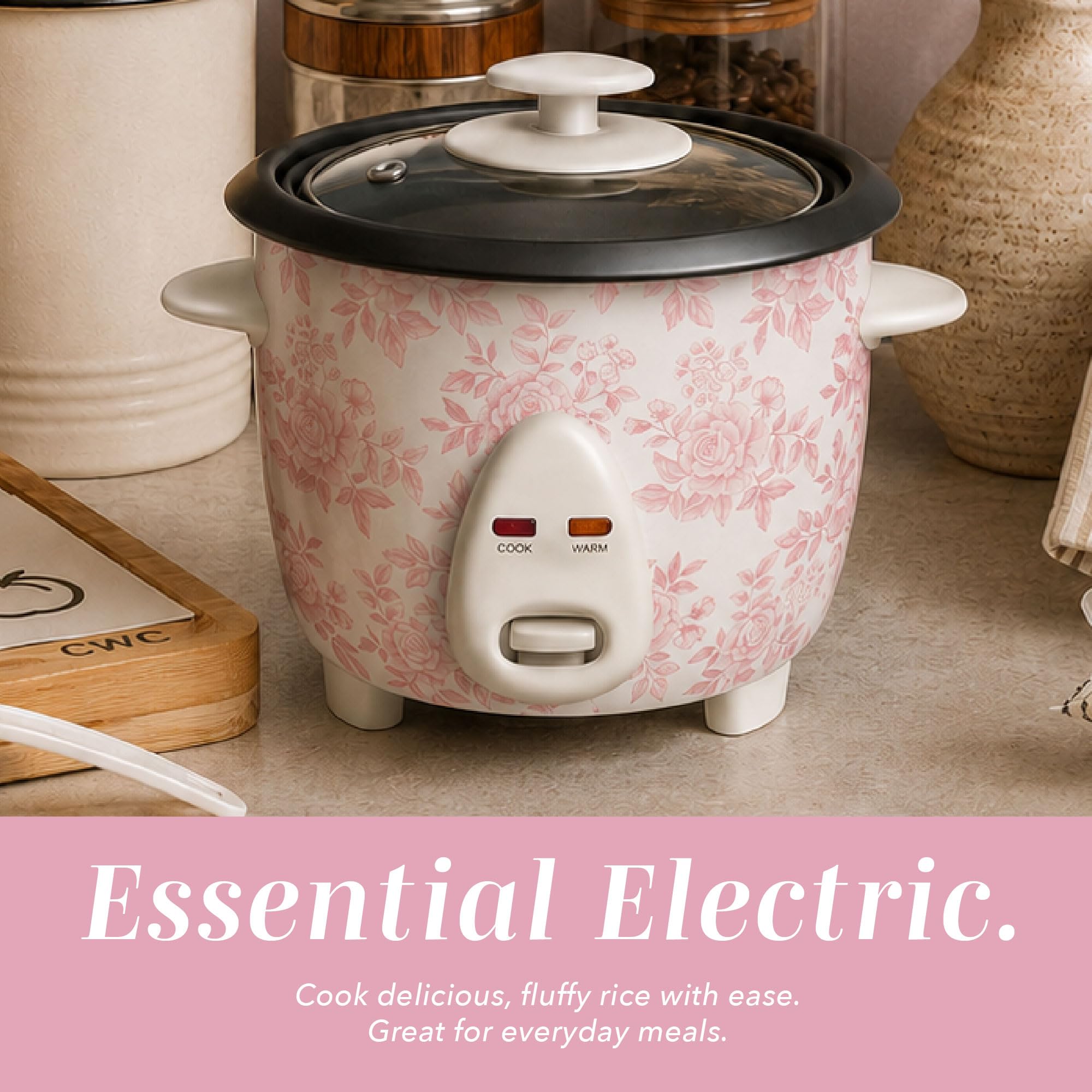 COOK WITH COLOR 6 Cup Rice Cooker 300W - Effortless Cooking and Perfectly, Cooks 3 Cups of Raw Rice for 6 Cups of Cooked Rice, Floral Blue